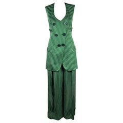 Gianfranco Ferre Spring 1994 RUNWAY Green Pinstripe Vest and Trouser Pants Set