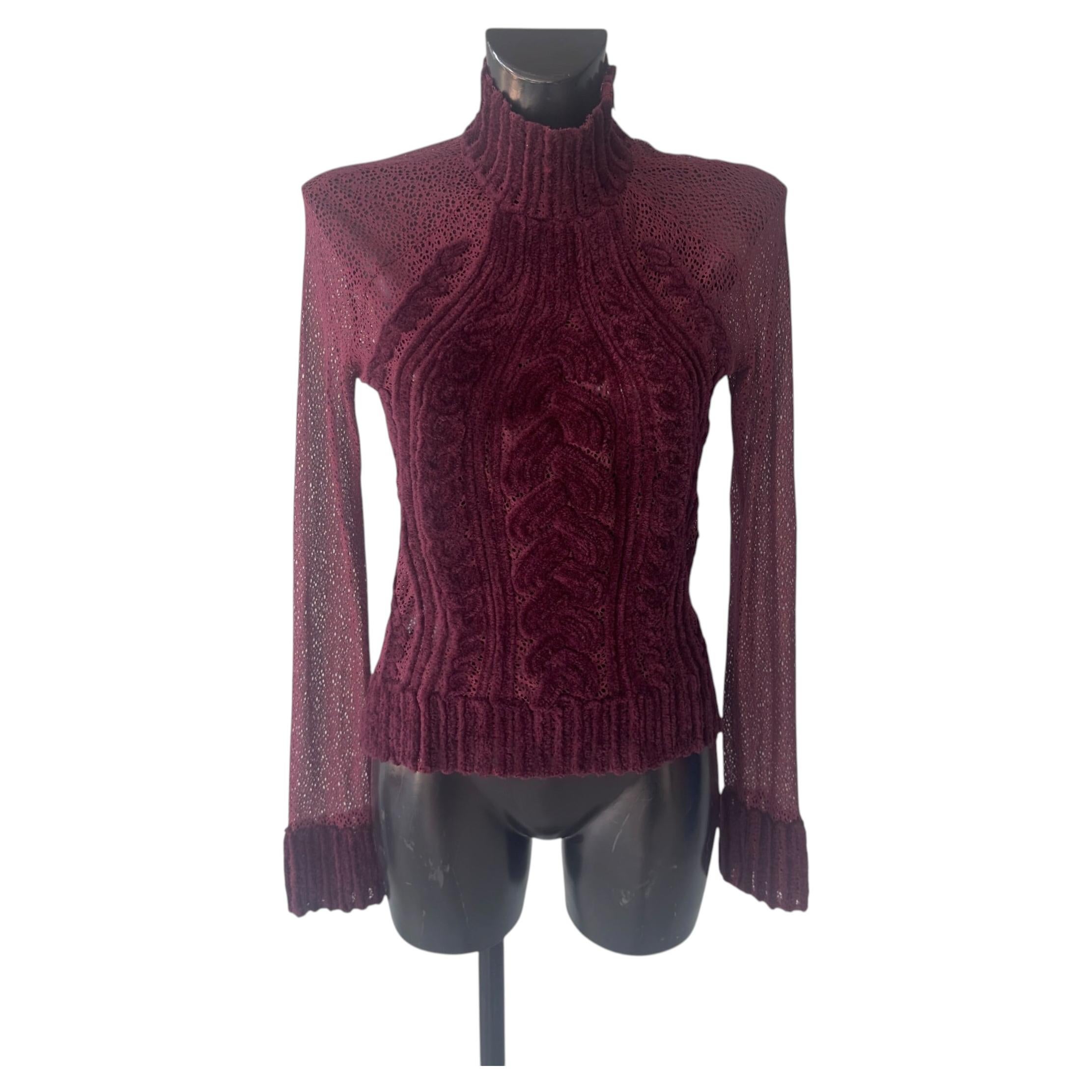 Gai Mattiolo Couture – Burgunderroter Rollkragenpullover aus durchbrochenem Strick