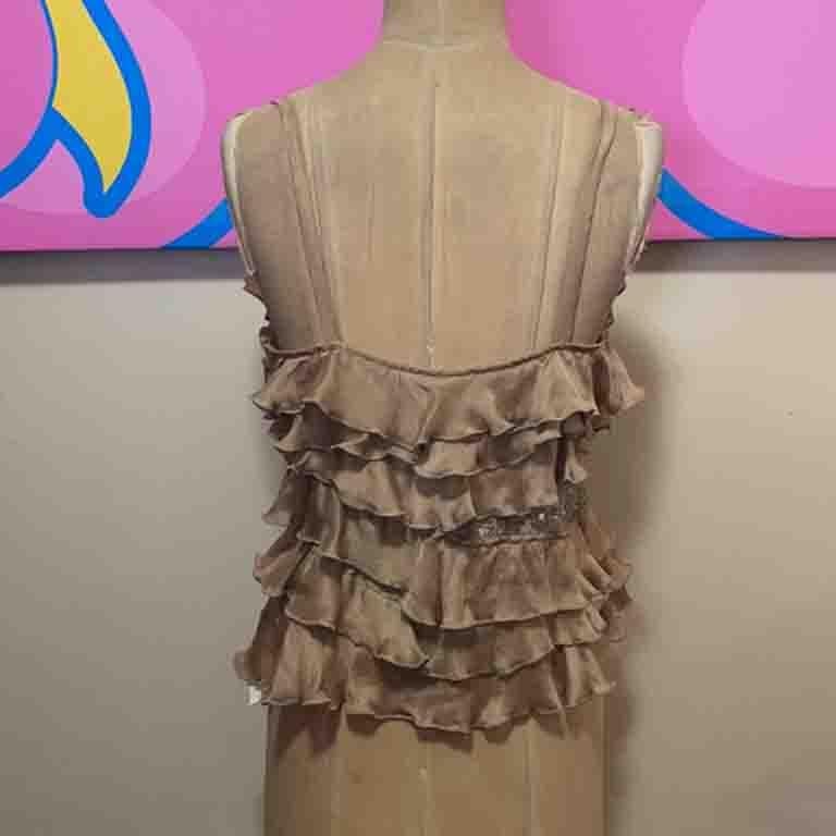 Gianfranco Ferre Tan Silk Ruffle Blouse Camisole In New Condition For Sale In Los Angeles, CA