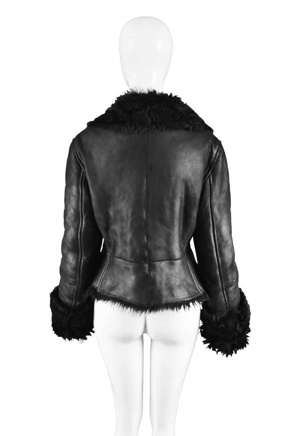 Gianfranco Ferre Vintage 1990s Black Leather & Shearling Women's Aviator Jacket 2