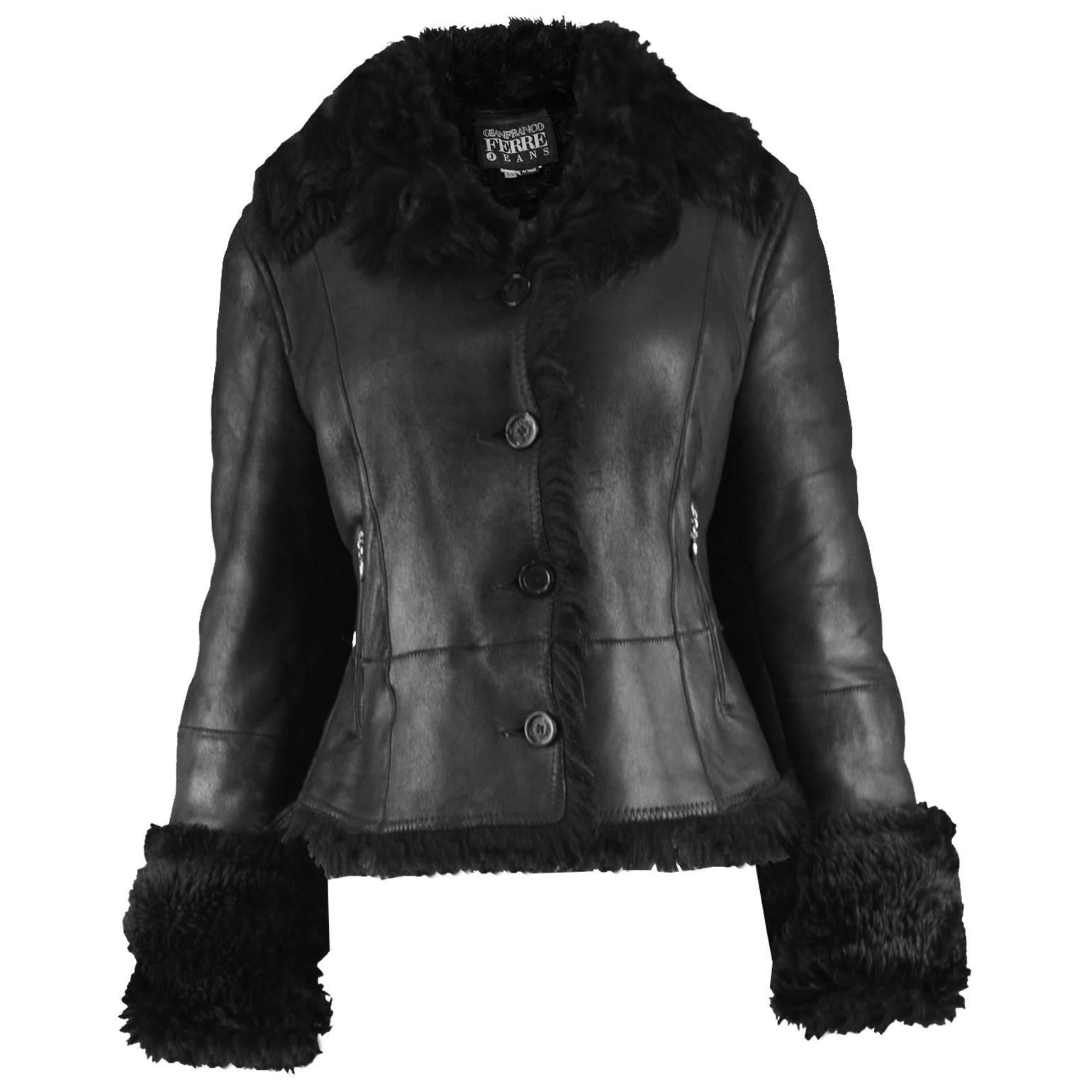 Gianfranco Ferre Vintage 1990s Black Leather & Shearling Women's Aviator Jacket