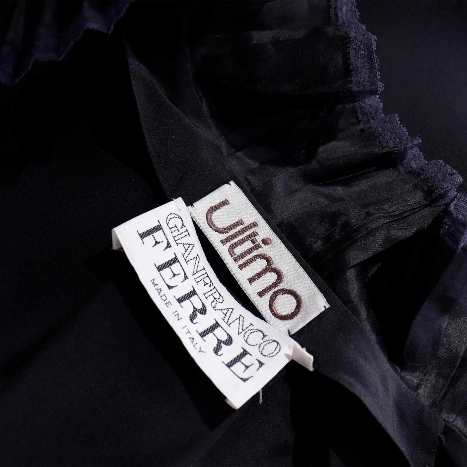 Gianfranco Ferre Vintage Black Silk Top Ruffled Open Front Blouse w Poets Sleeve For Sale 7