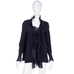 Gianfranco Ferre Vintage Black Silk Top Ruffled Open Front Blouse w Poets Sleeve