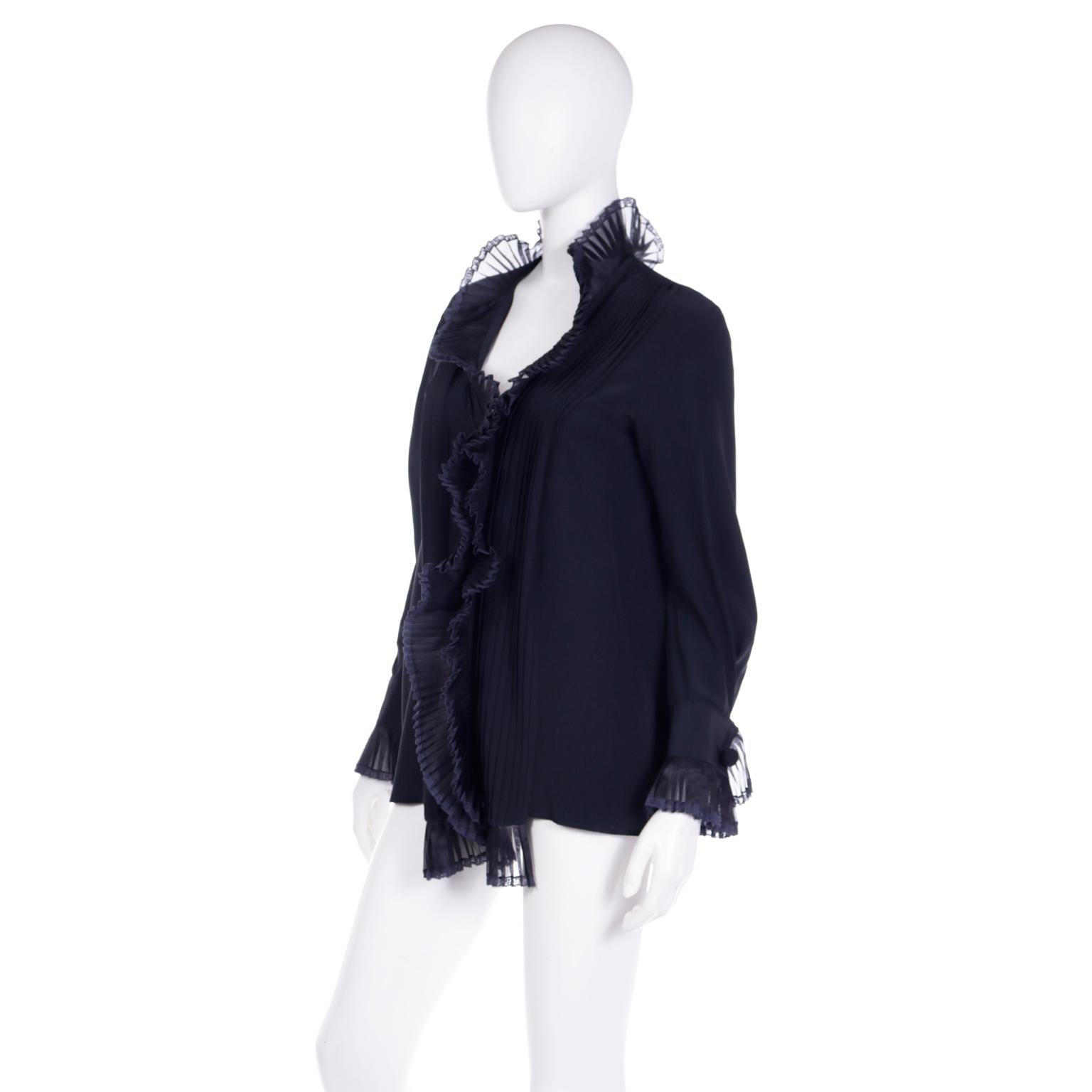 Gianfranco Ferre Vintage Black Silk Top Ruffled Open Front Blouse w Poets Sleeve In Excellent Condition For Sale In Portland, OR