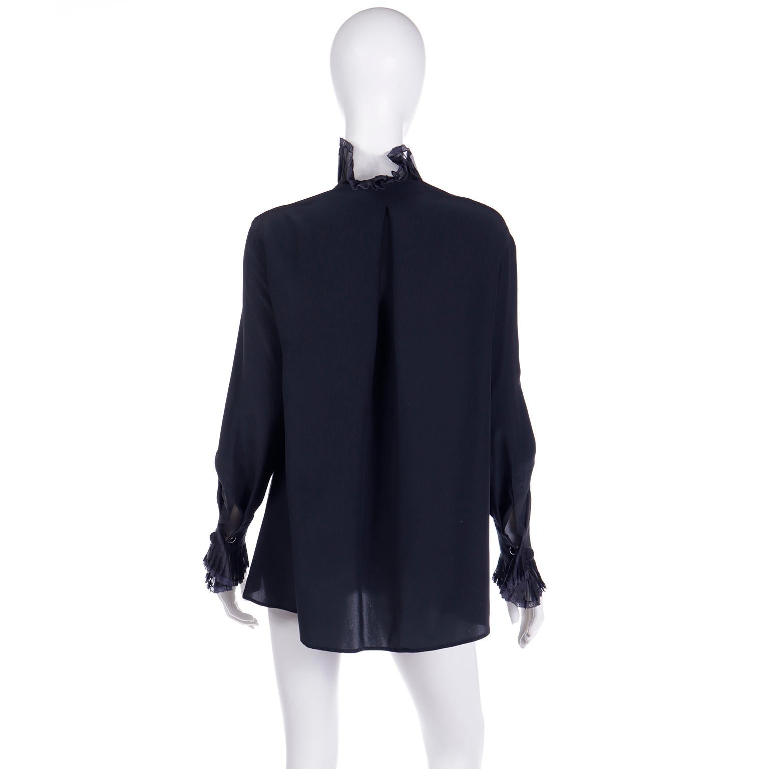 Women's Gianfranco Ferre Vintage Black Silk Top Ruffled Open Front Blouse w Poets Sleeve For Sale