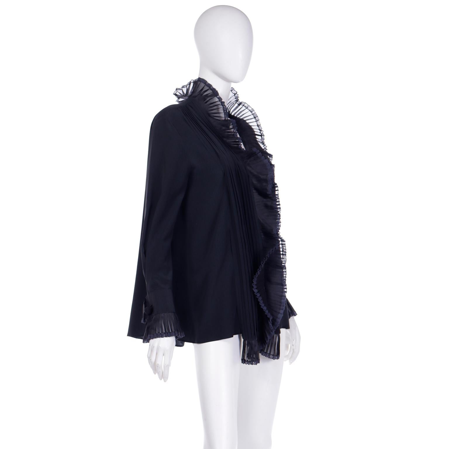 Gianfranco Ferre Vintage Black Silk Top Ruffled Open Front Blouse w Poets Sleeve For Sale 1