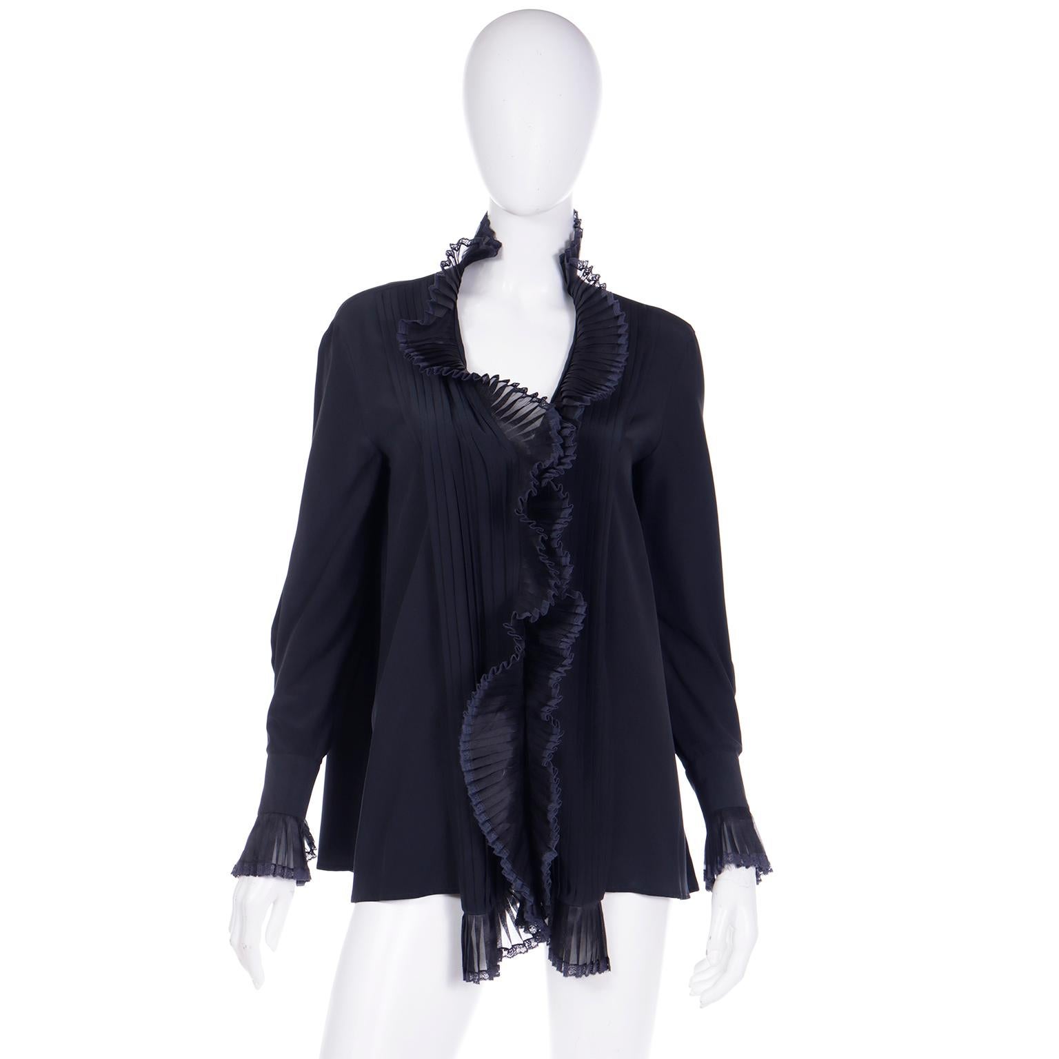 Gianfranco Ferre Vintage Black Silk Top Ruffled Open Front Blouse w Poets Sleeve For Sale 2