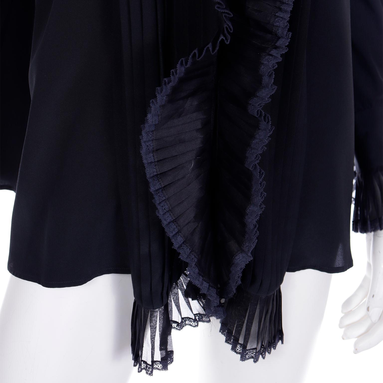 Gianfranco Ferre Vintage Black Silk Top Ruffled Open Front Blouse w Poets Sleeve For Sale 4