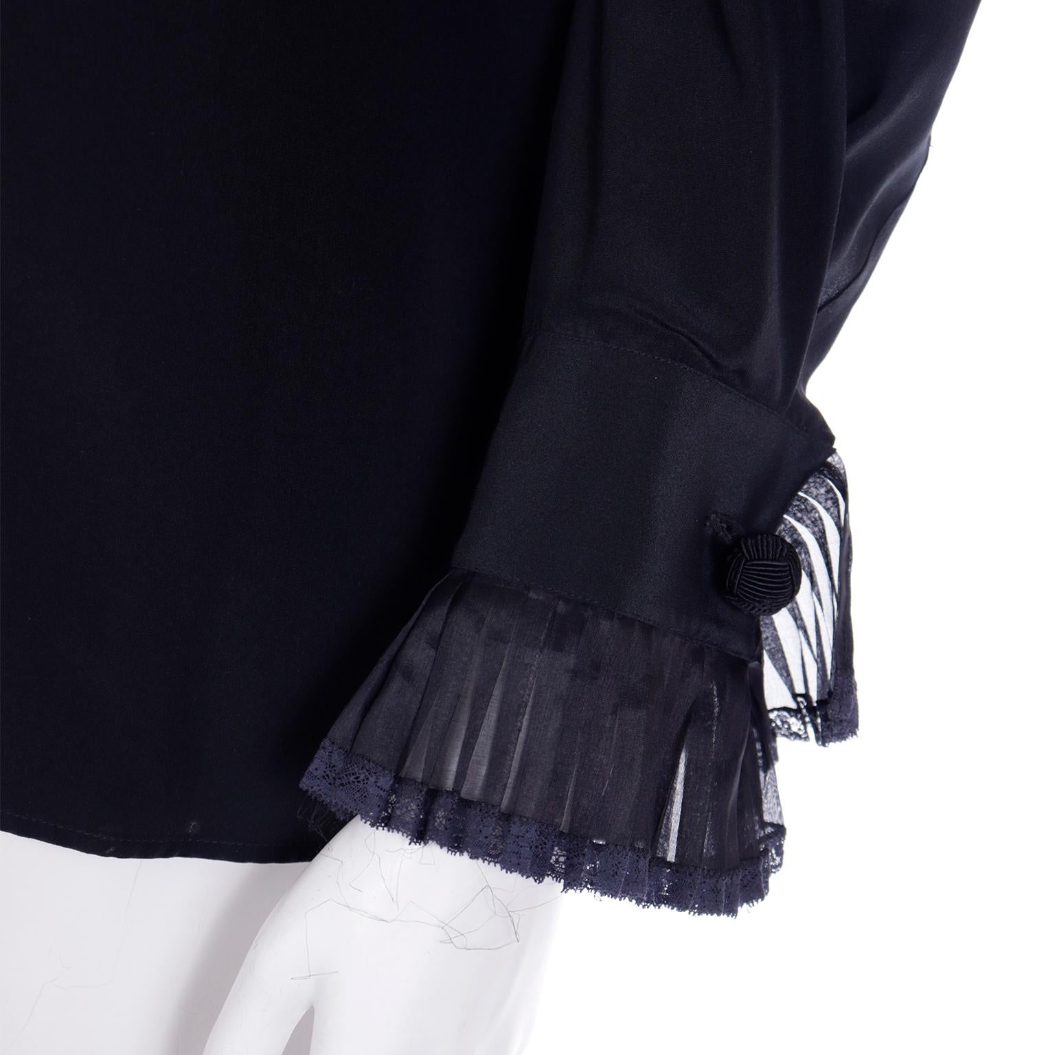 Gianfranco Ferre Vintage Black Silk Top Ruffled Open Front Blouse w Poets Sleeve For Sale 5