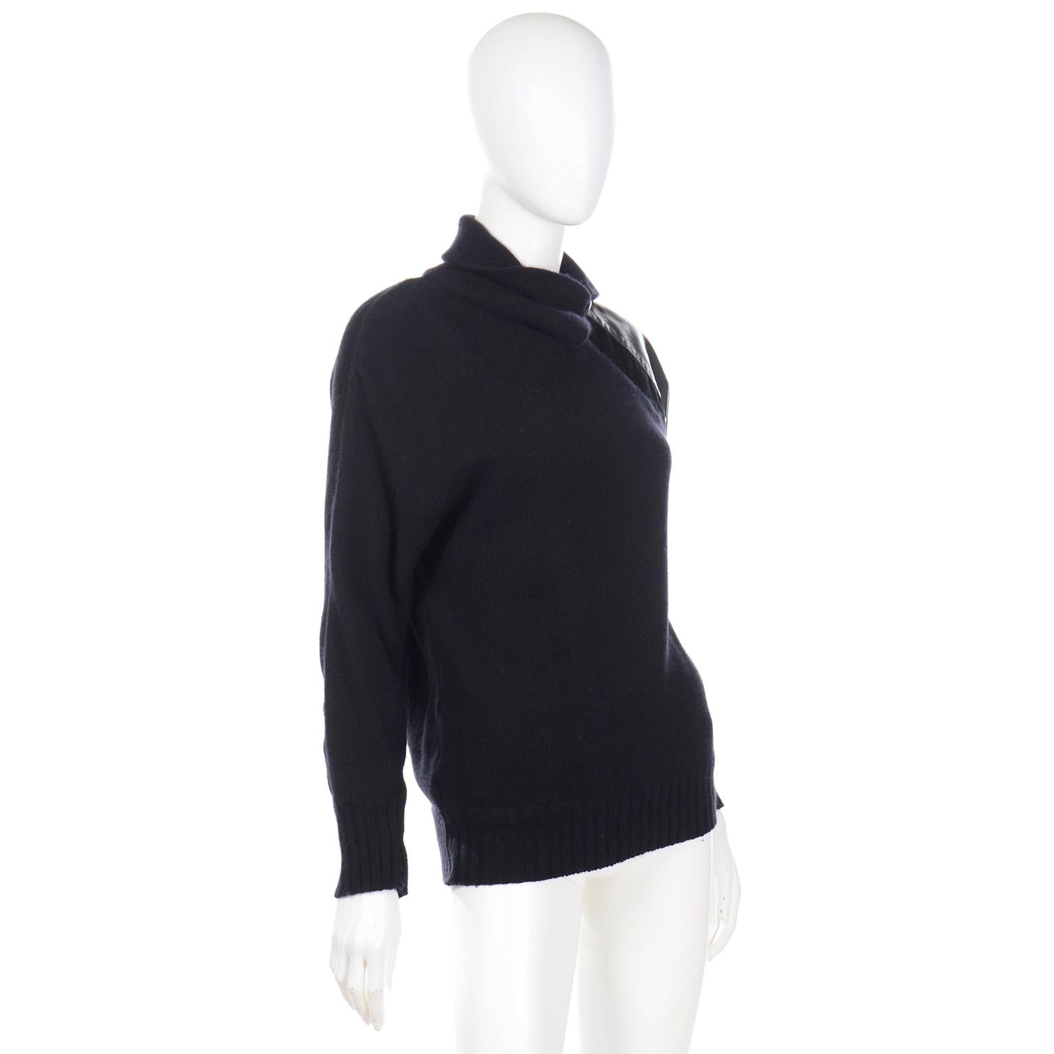 Gianfranco Ferre Vintage Black Wool and Leather Sweater Top In Excellent Condition In Portland, OR