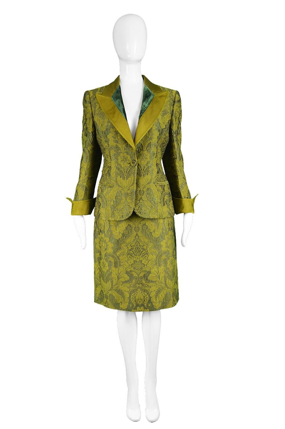 Gianfranco Ferré Vintage 1990s Green Brocade, Velvet & Grosgrain Skirt Set

Estimated Size: UK 10/ US 6/ EU 38. Please check measurements. 
Jacket
Bust - 36” / 91cm (allow a couple of inches room for movement)
Waist - 32” / 81cm 
Length (Shoulder to