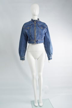 Gianfranco Ferré Vintage Cafe Racer Style Womens Blue Denim Jean Jacket, 1990s