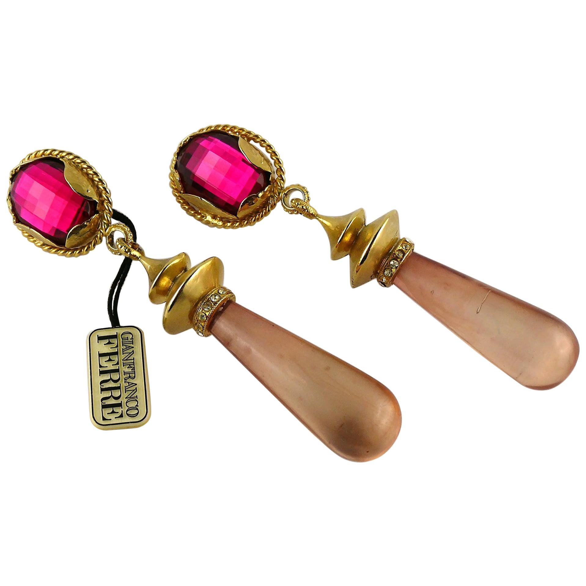 Gianfranco Ferre Vintage Gold Toned Jewelled Dangling Earrings