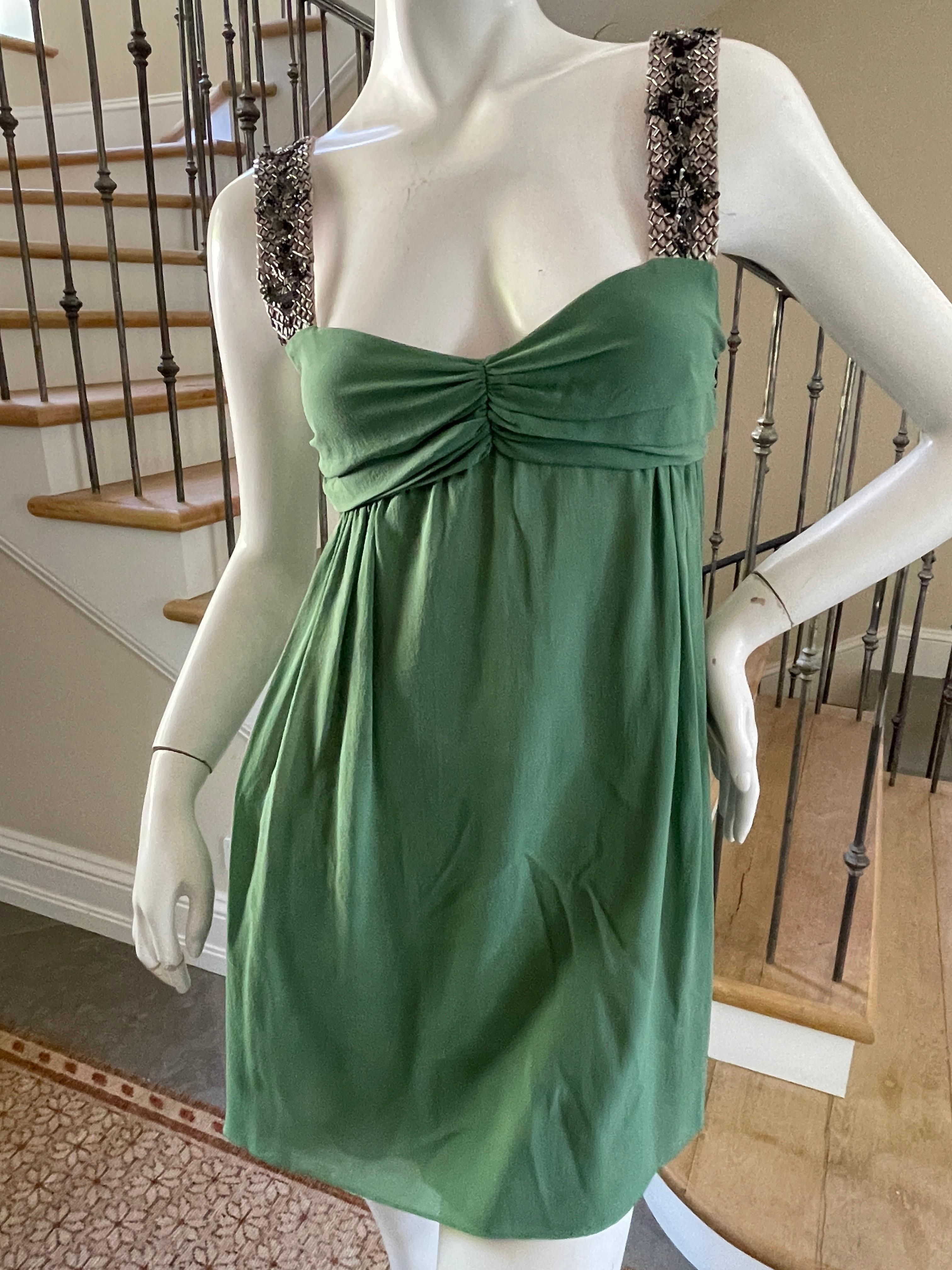  Gianfranco Ferre Vintage Green Silk Embellished Baby Doll Dress 
So pretty, use zoom feature to see details.
 Size 42
 Bust 34