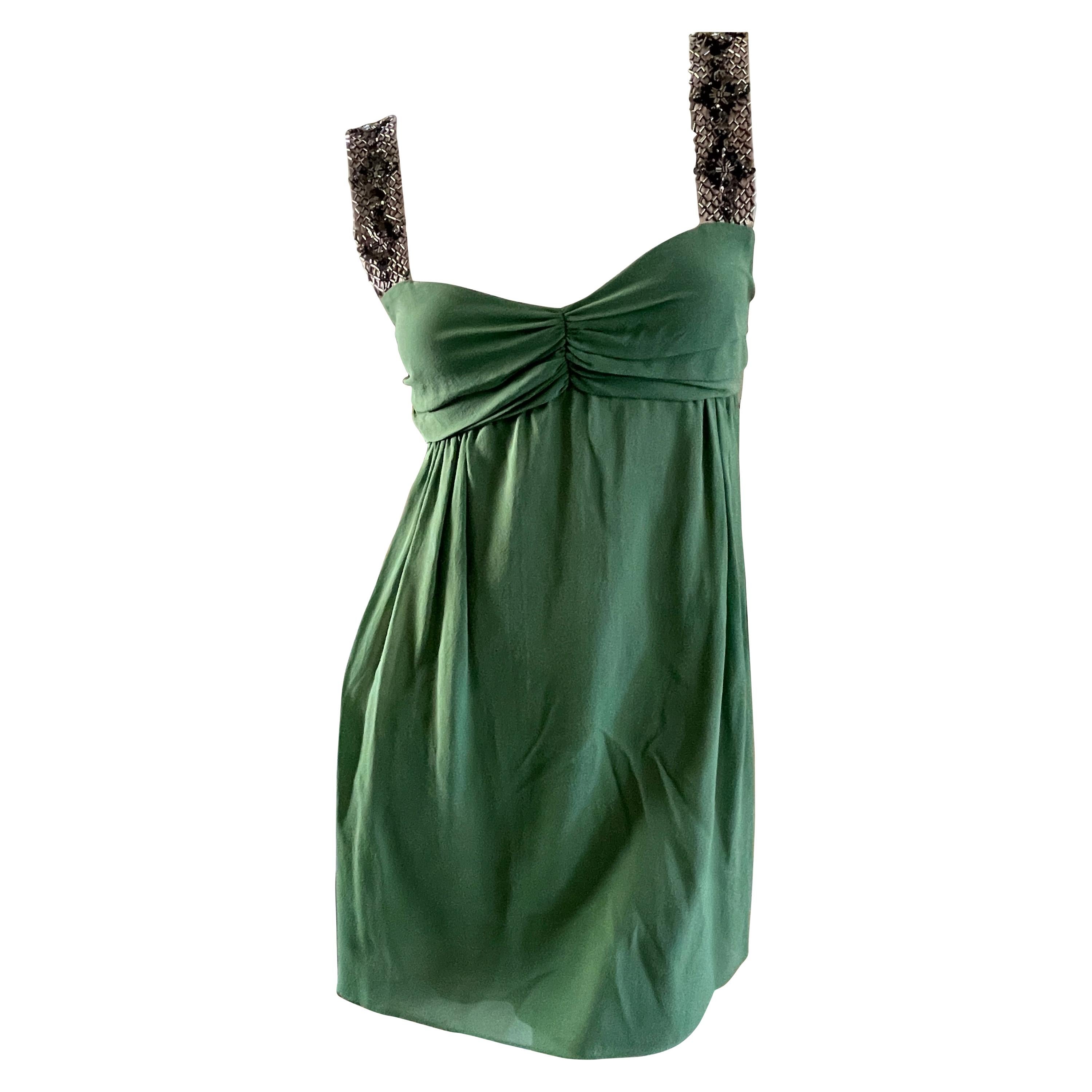  Gianfranco Ferre Vintage Green Silk Embellished Baby Doll Dress  For Sale
