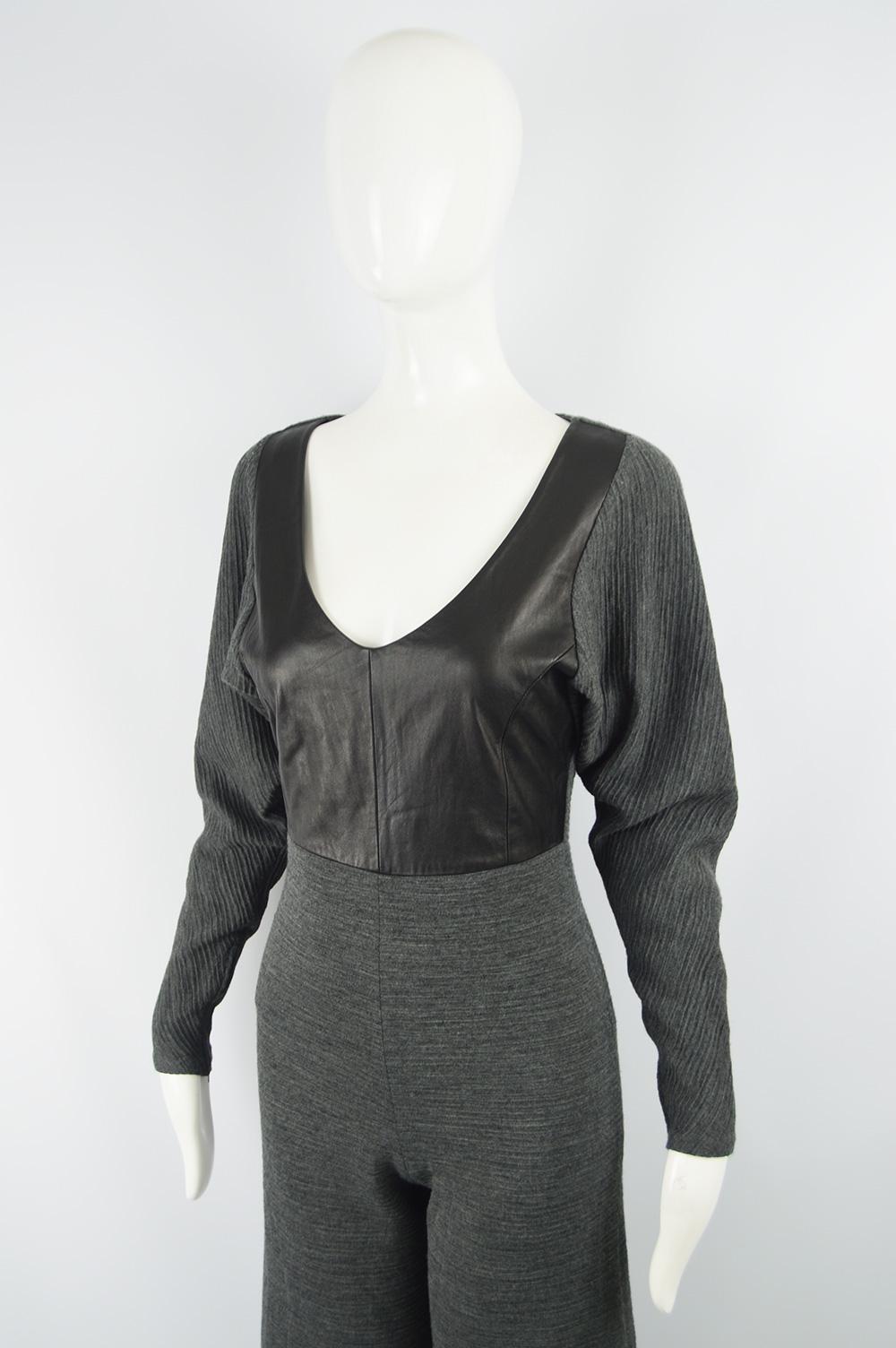 Black Gianfranco Ferré Vintage Grey Ribbed Wool Knit & Wide Leg Leather Jumpsuit