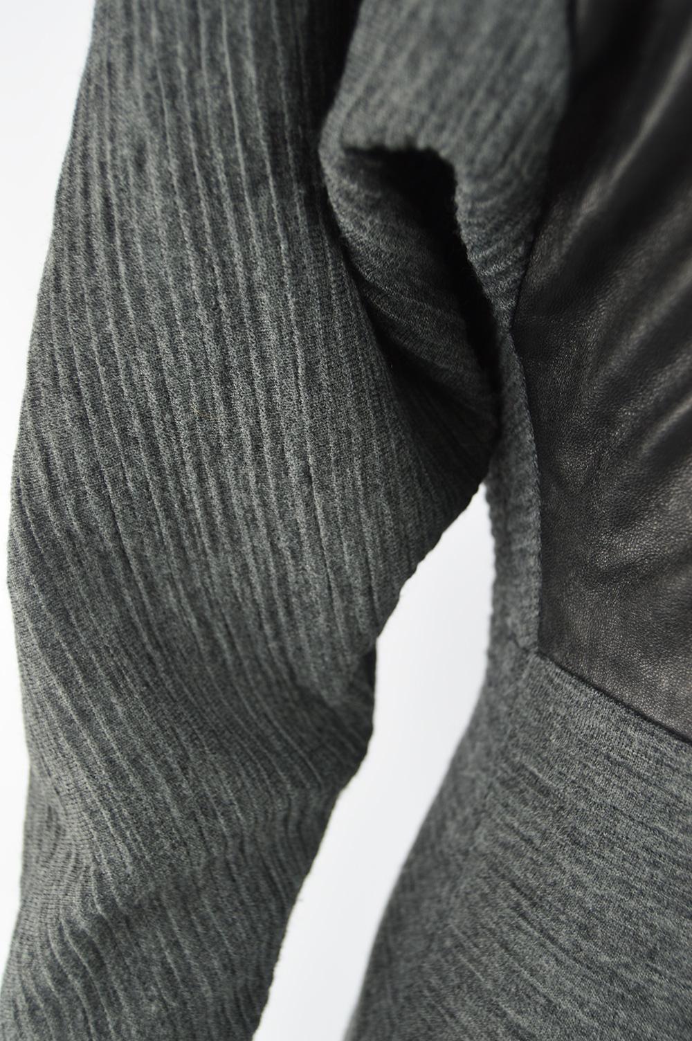Women's Gianfranco Ferré Vintage Grey Ribbed Wool Knit & Wide Leg Leather Jumpsuit
