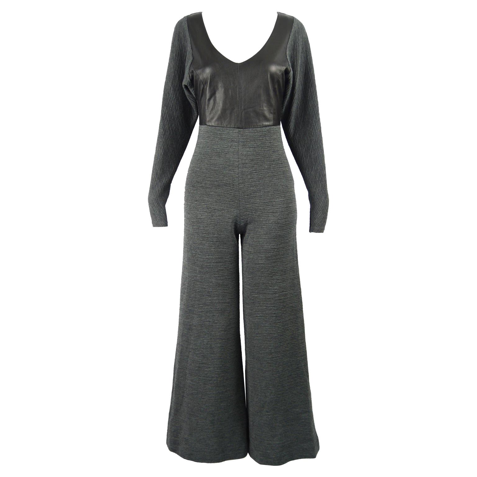 Gianfranco Ferré Vintage Grey Ribbed Wool Knit & Wide Leg Leather Jumpsuit