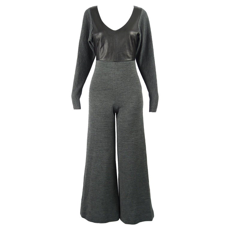 Gianfranco Ferré Vintage Grey Ribbed Wool Knit and Wide Leg Leather ...