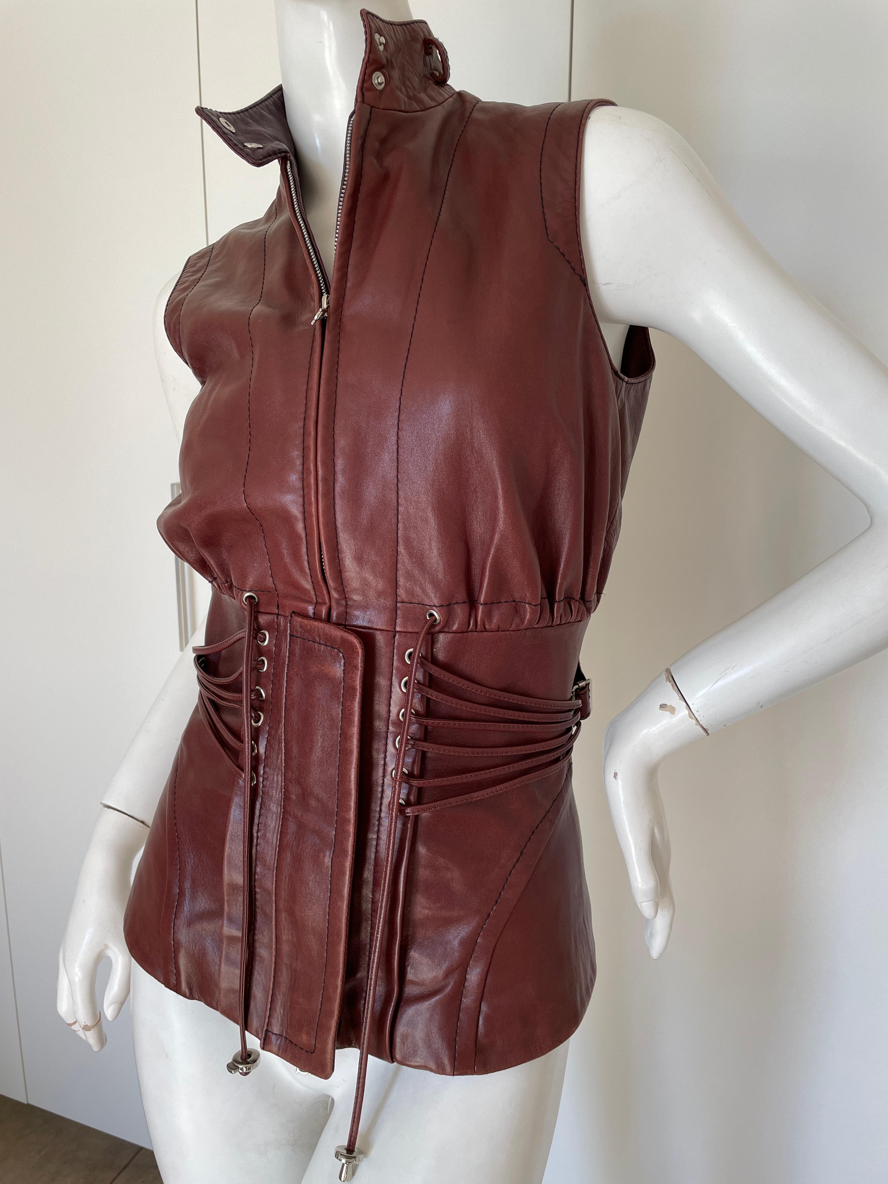Brown  Gianfranco Ferre Vintage Lambskin Leather Moto Vest with Corset Lacing Details For Sale
