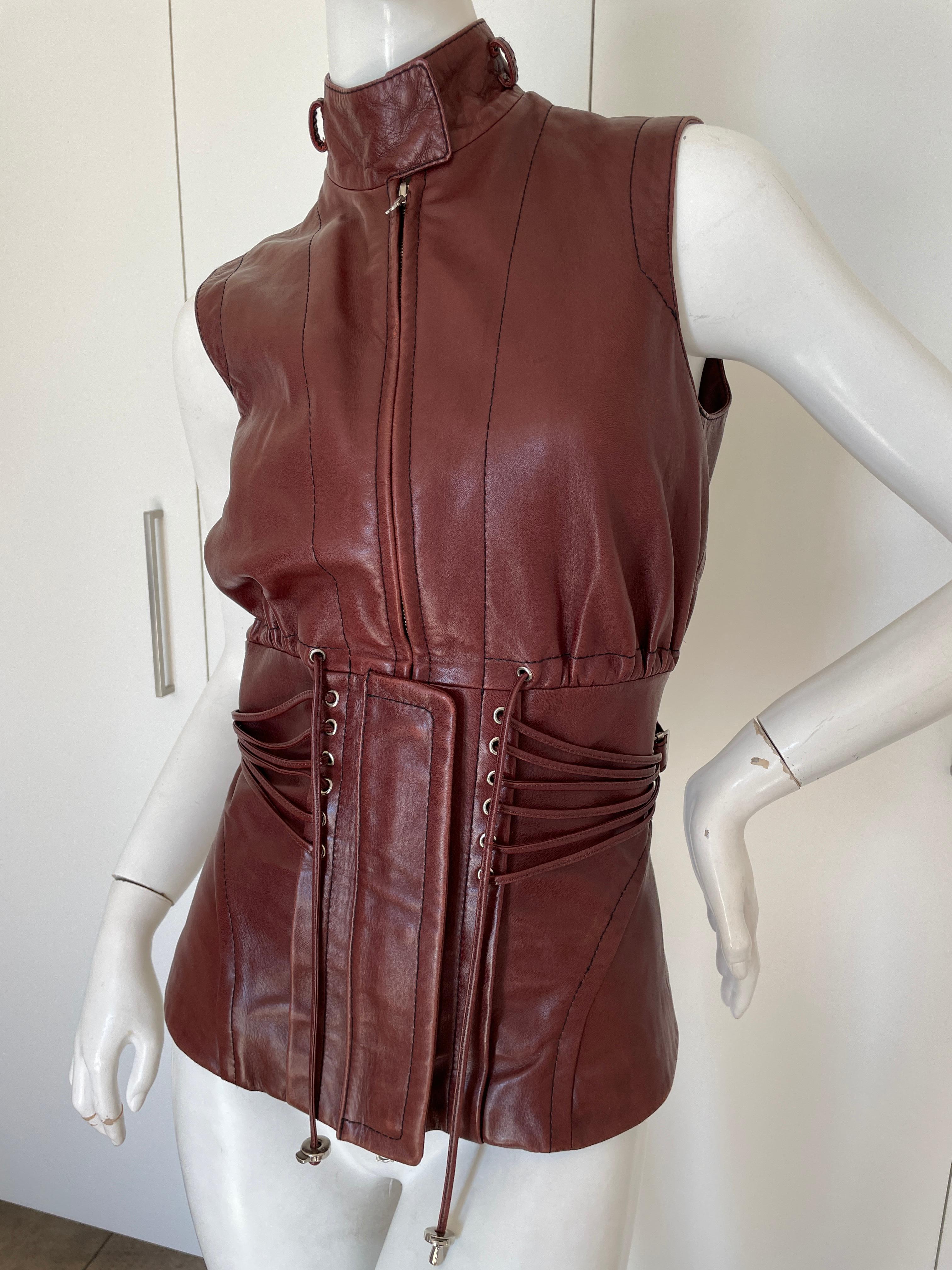  Gianfranco Ferre Vintage Lambskin Leather Moto Vest with Corset Lacing Details In Excellent Condition For Sale In Cloverdale, CA
