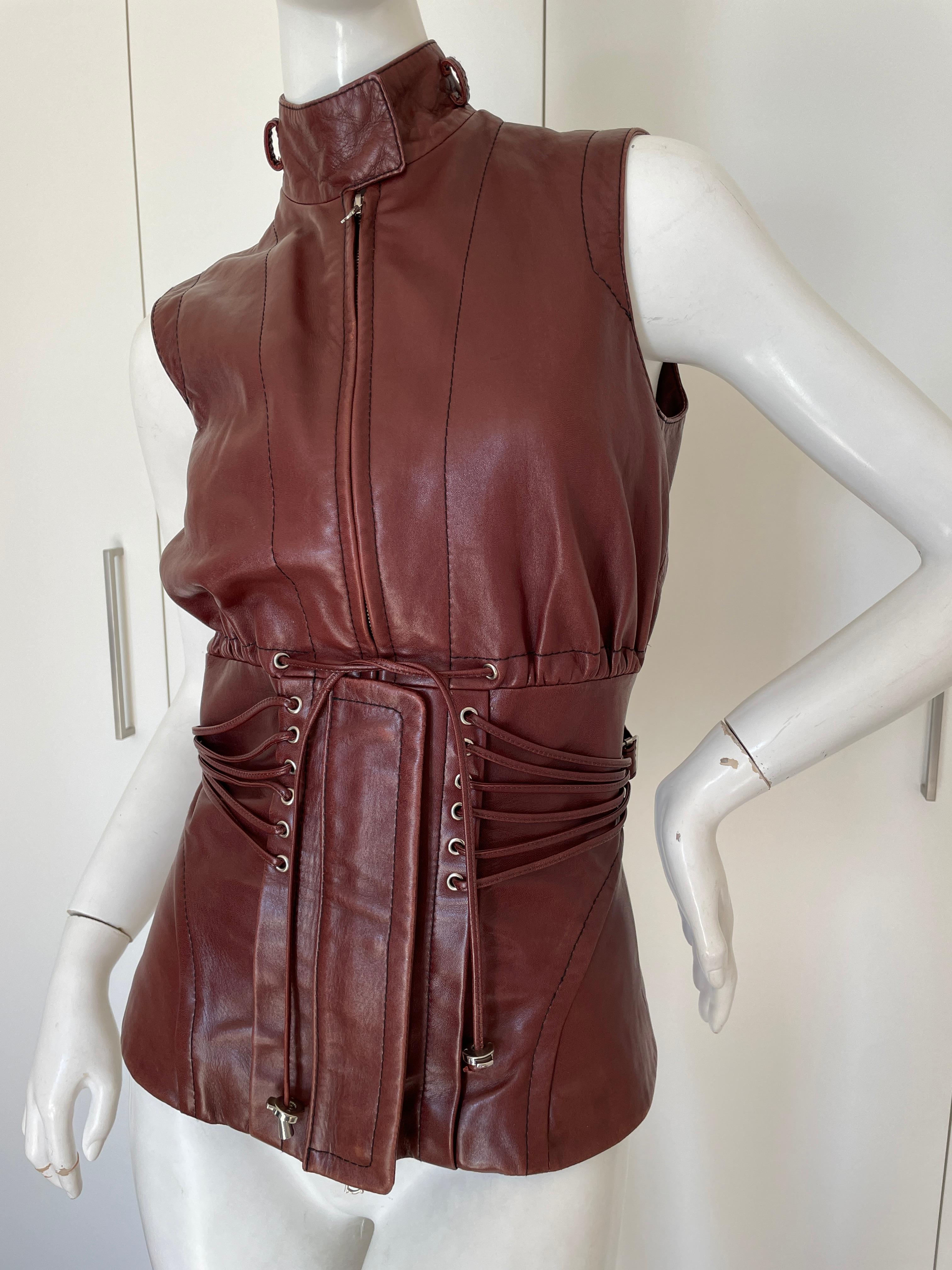 Women's  Gianfranco Ferre Vintage Lambskin Leather Moto Vest with Corset Lacing Details For Sale
