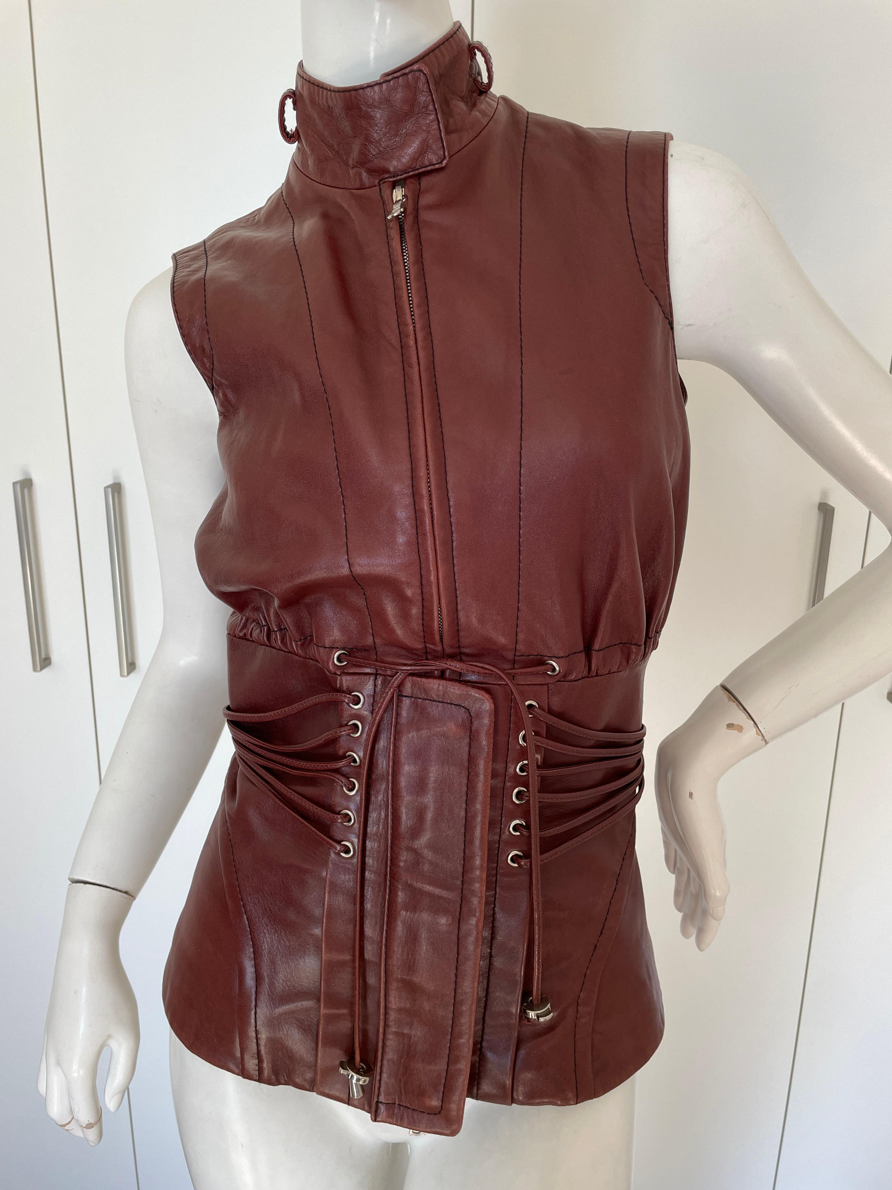  Gianfranco Ferre Vintage Lambskin Leather Moto Vest with Corset Lacing Details For Sale 1