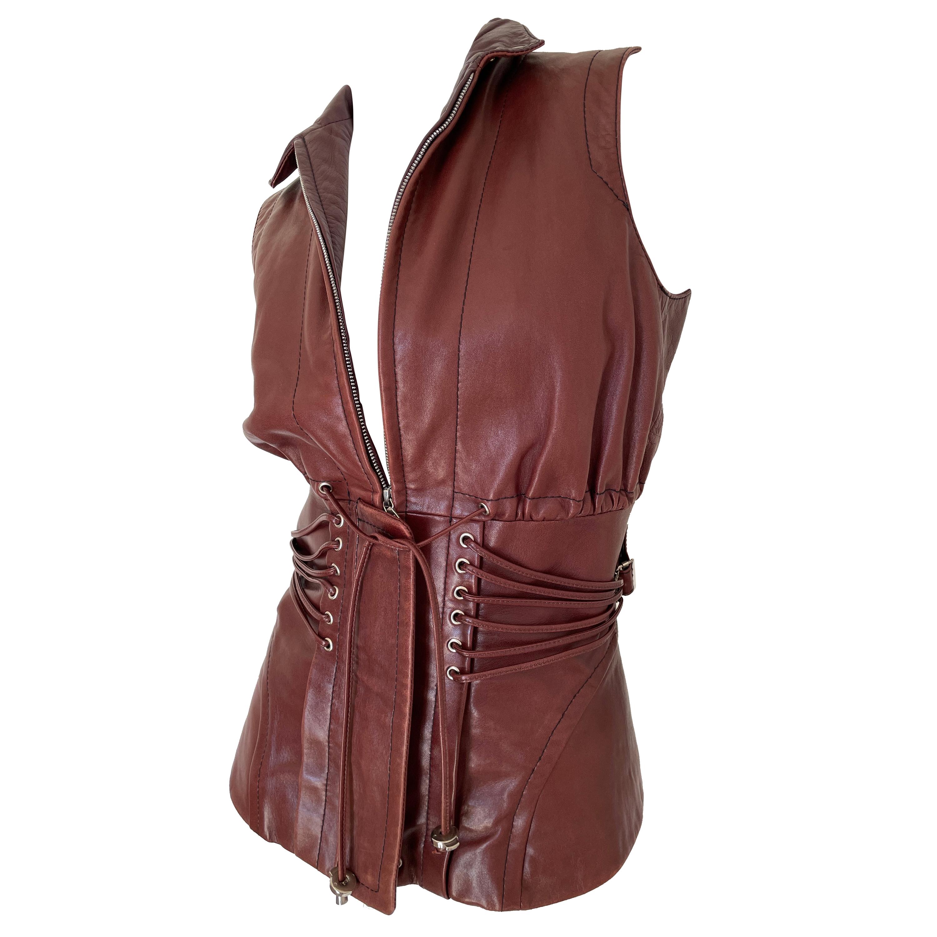  Gianfranco Ferre Vintage Lambskin Leather Moto Vest with Corset Lacing Details For Sale