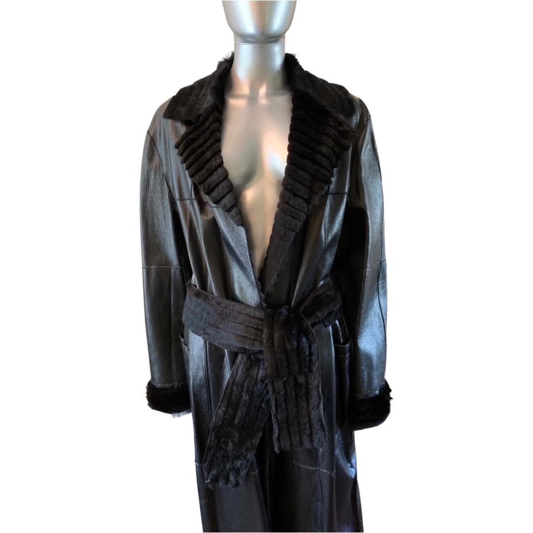 Gianfranco Ferre Vintage Leather Trench Coat Lined in Sheared Fur Size L (NWT) For Sale 1