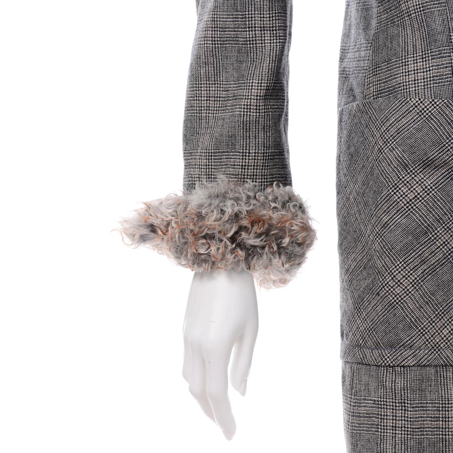 Women's Gianfranco Ferre Vintage Longline Gray Plaid Wool Blazer W Fur Cuffs