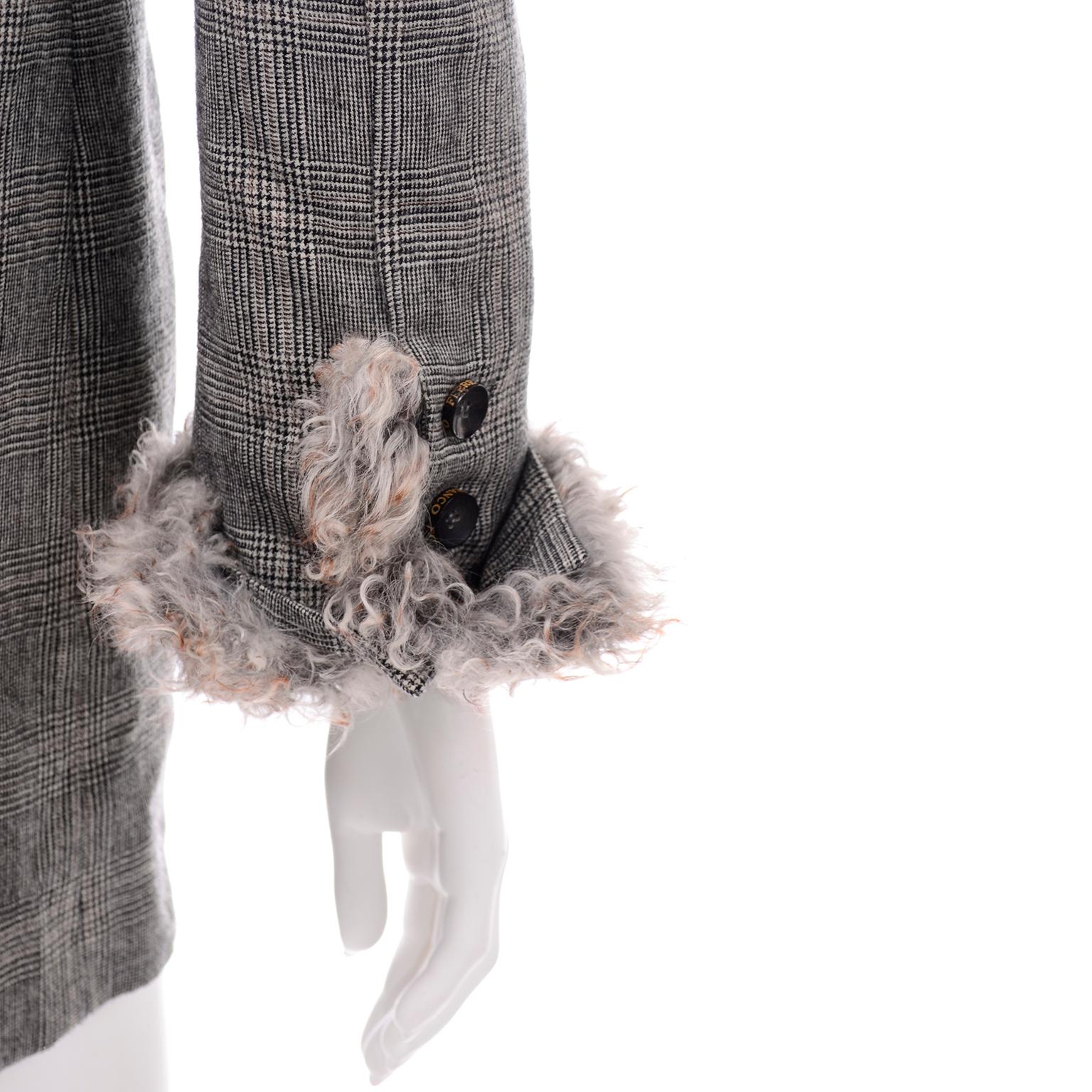 Gianfranco Ferre Vintage Longline Gray Plaid Wool Blazer W Fur Cuffs 1