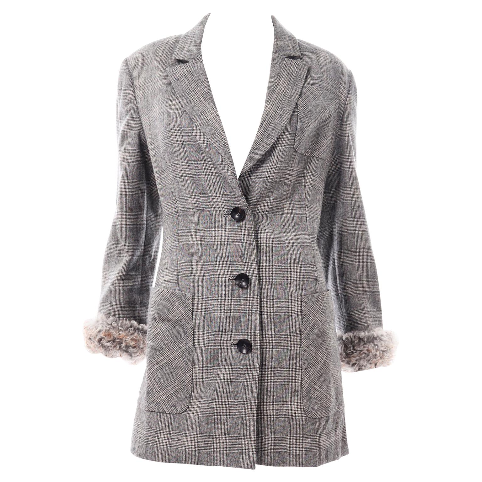 Gianfranco Ferre Vintage Longline Gray Plaid Wool Blazer W Fur Cuffs