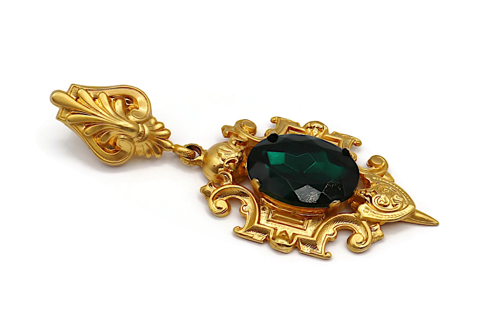 GIANFRANCO FERRE Vintage Massive Green Crystal Dangle Earrings For Sale 7