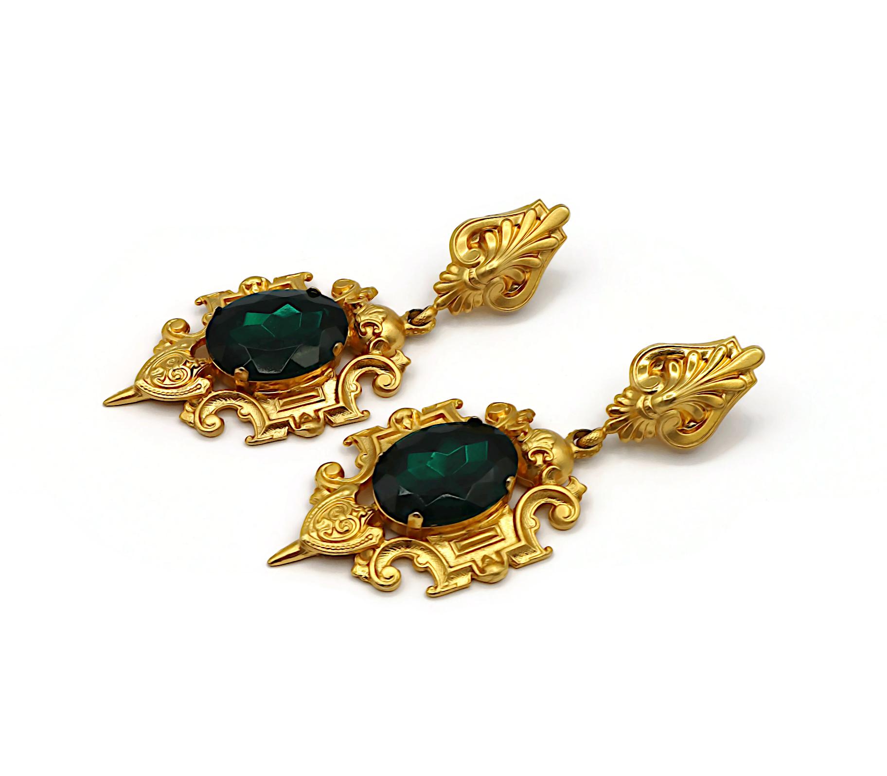 GIANFRANCO FERRE Vintage Massive Green Crystal Dangle Earrings For Sale 1