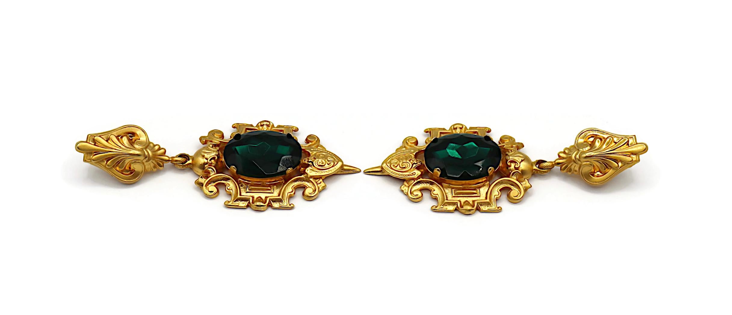 GIANFRANCO FERRE Vintage Massive Green Crystal Dangle Earrings For Sale 3