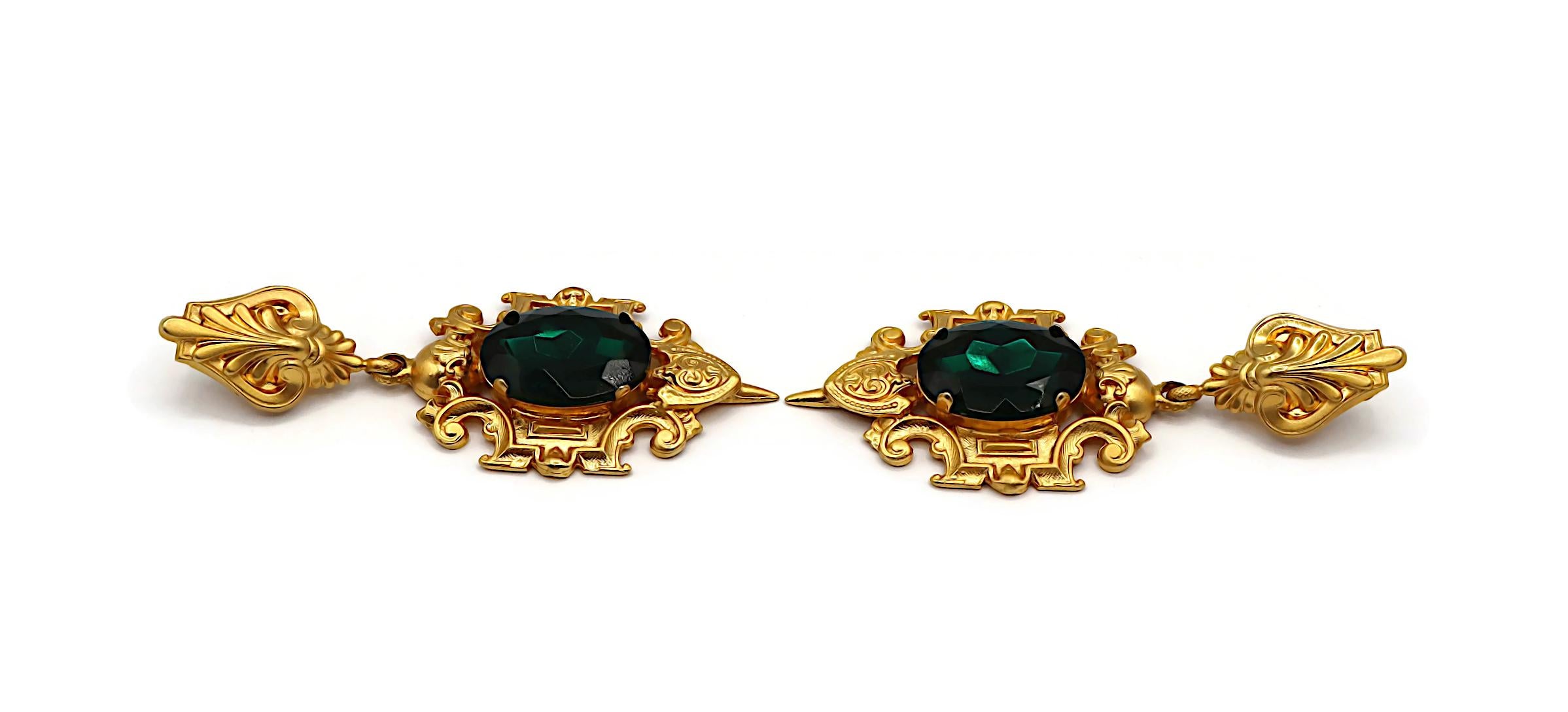 GIANFRANCO FERRE Vintage Massive Green Crystal Dangle Earrings For Sale 4