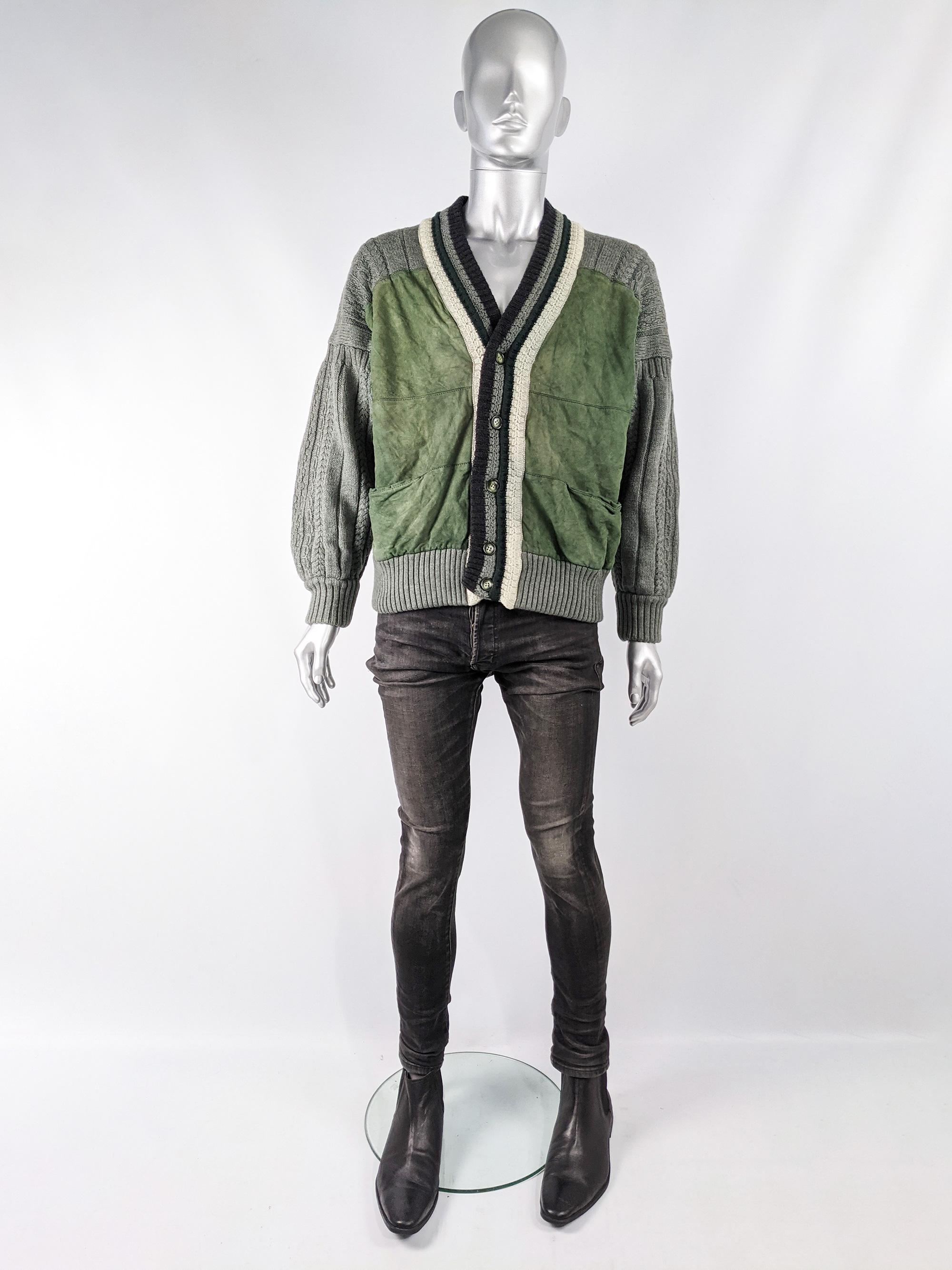 A stylish and rare vintage mens jacket from the 80s by luxury Italian fashion designer, Gianfranco Ferre (who was creative director of Dior from 1989-1996). In a green suede on the body with grey cable knit sleeves and back. The stripes on the front