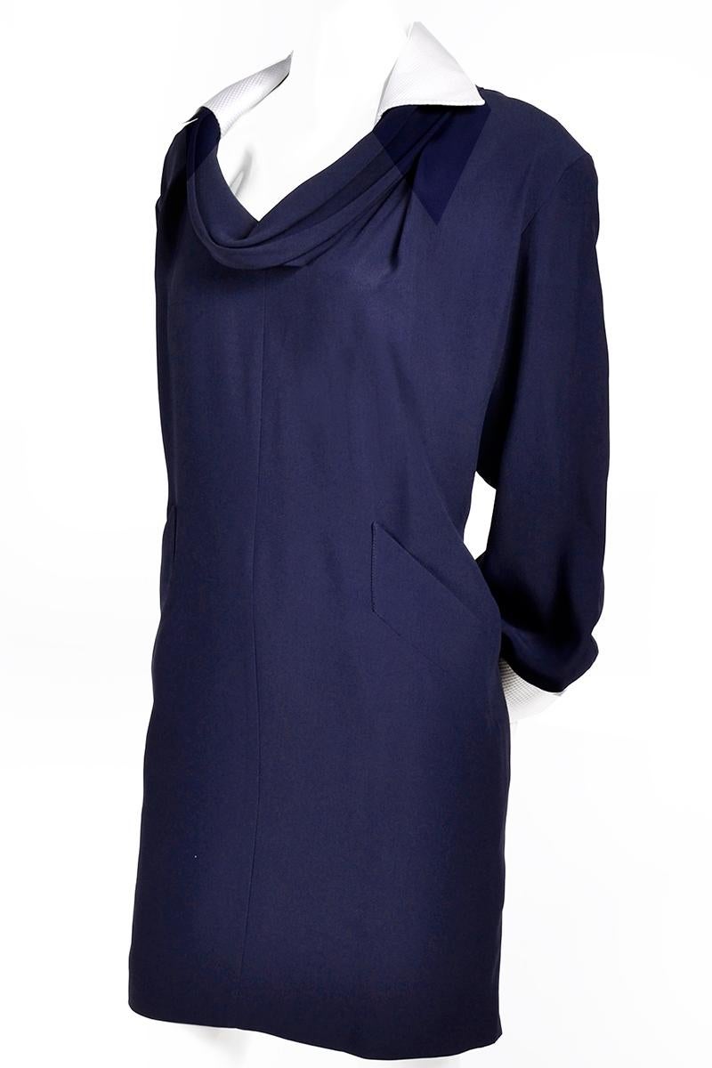 Black Gianfranco Ferre Vintage Navy Blue Draped Dress w White Cotton Collar & Cuffs