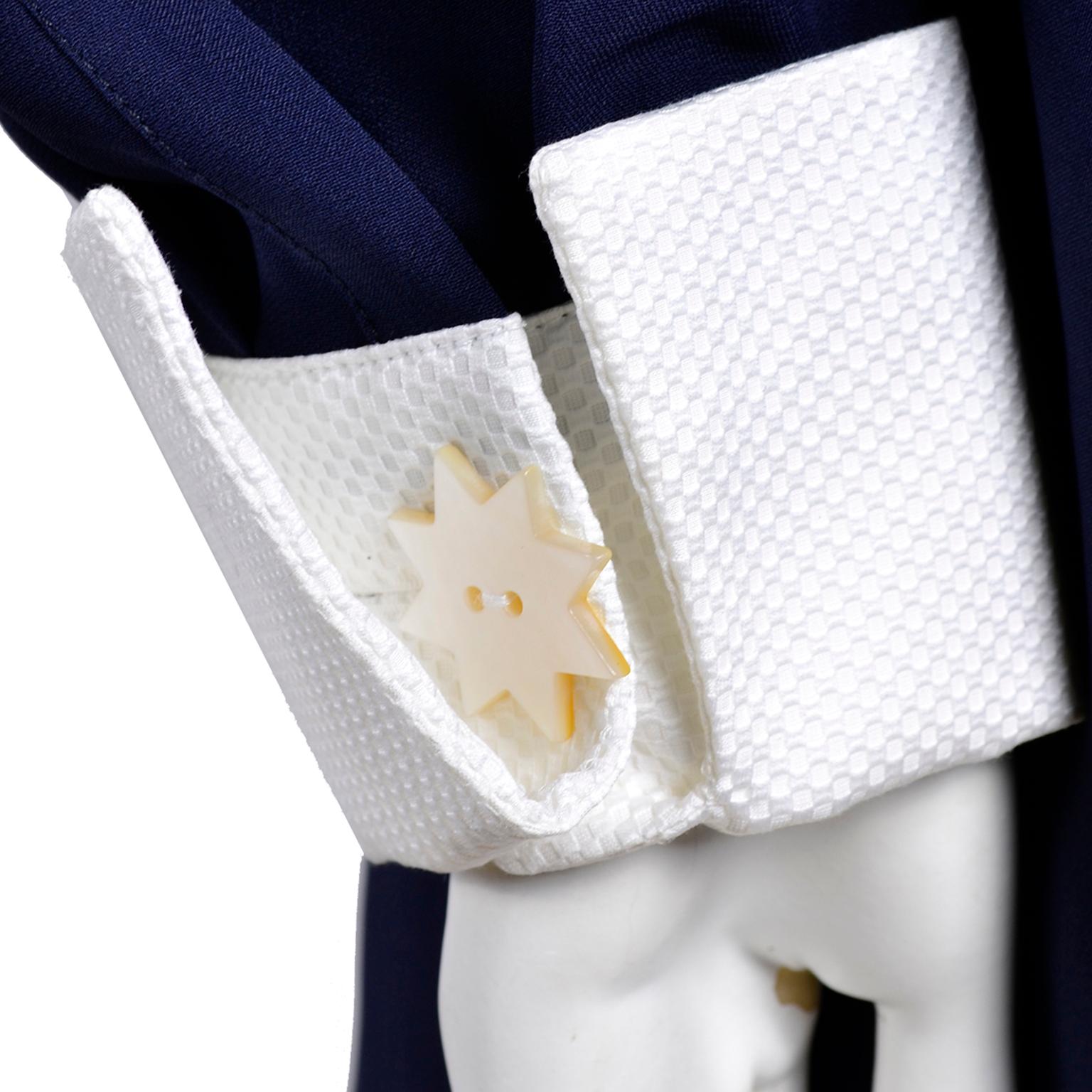 Women's Gianfranco Ferre Vintage Navy Blue Draped Dress w White Cotton Collar & Cuffs