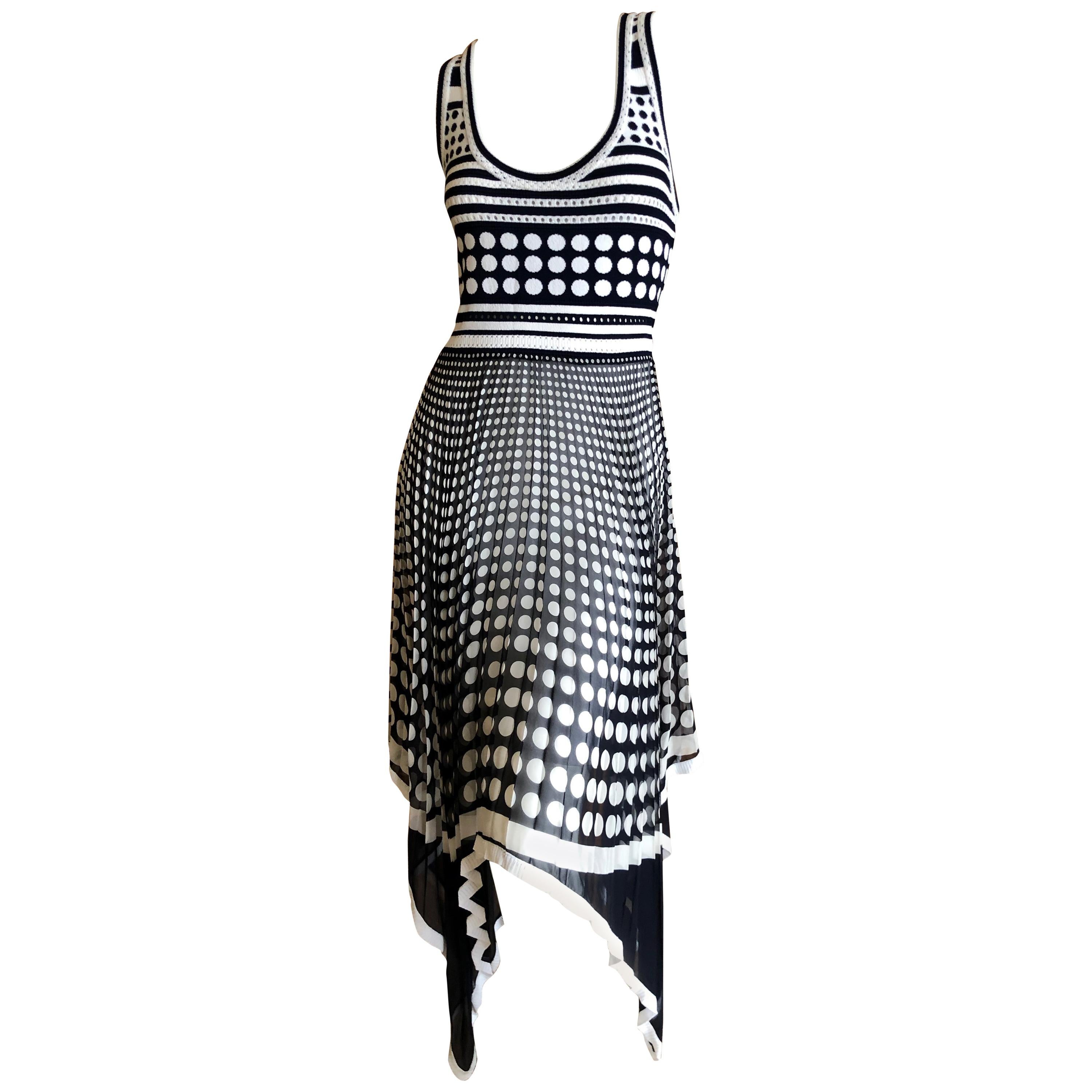 Gianfranco Ferre Vintage Op Art Polka Dot Dress with Pleated Asymmetrical Skirt For Sale