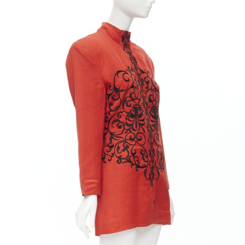 Red GIANFRANCO FERRE Vintage red black floral embroidery stand collar jacket M For Sale
