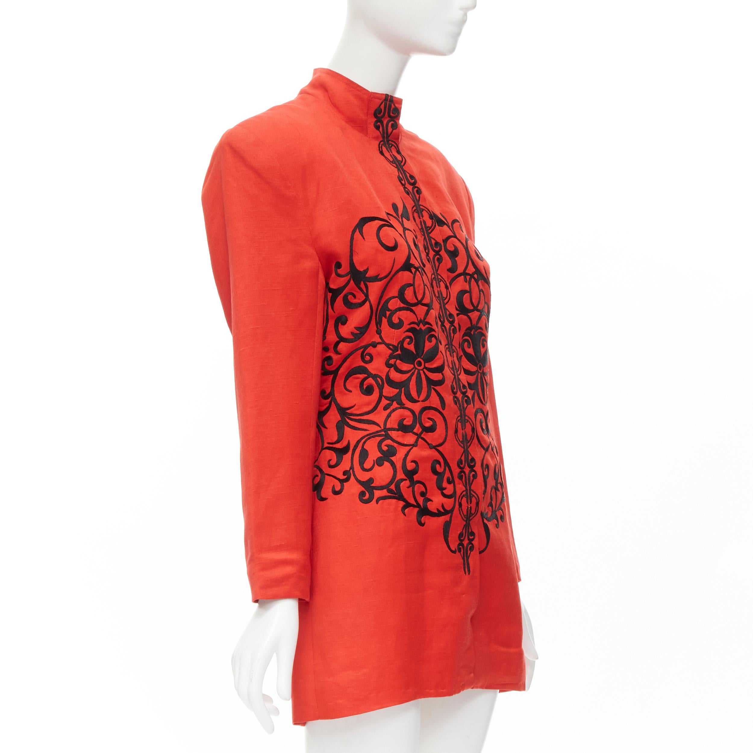 Red GIANFRANCO FERRE Vintage red black floral embroidery stand collar jacket M For Sale