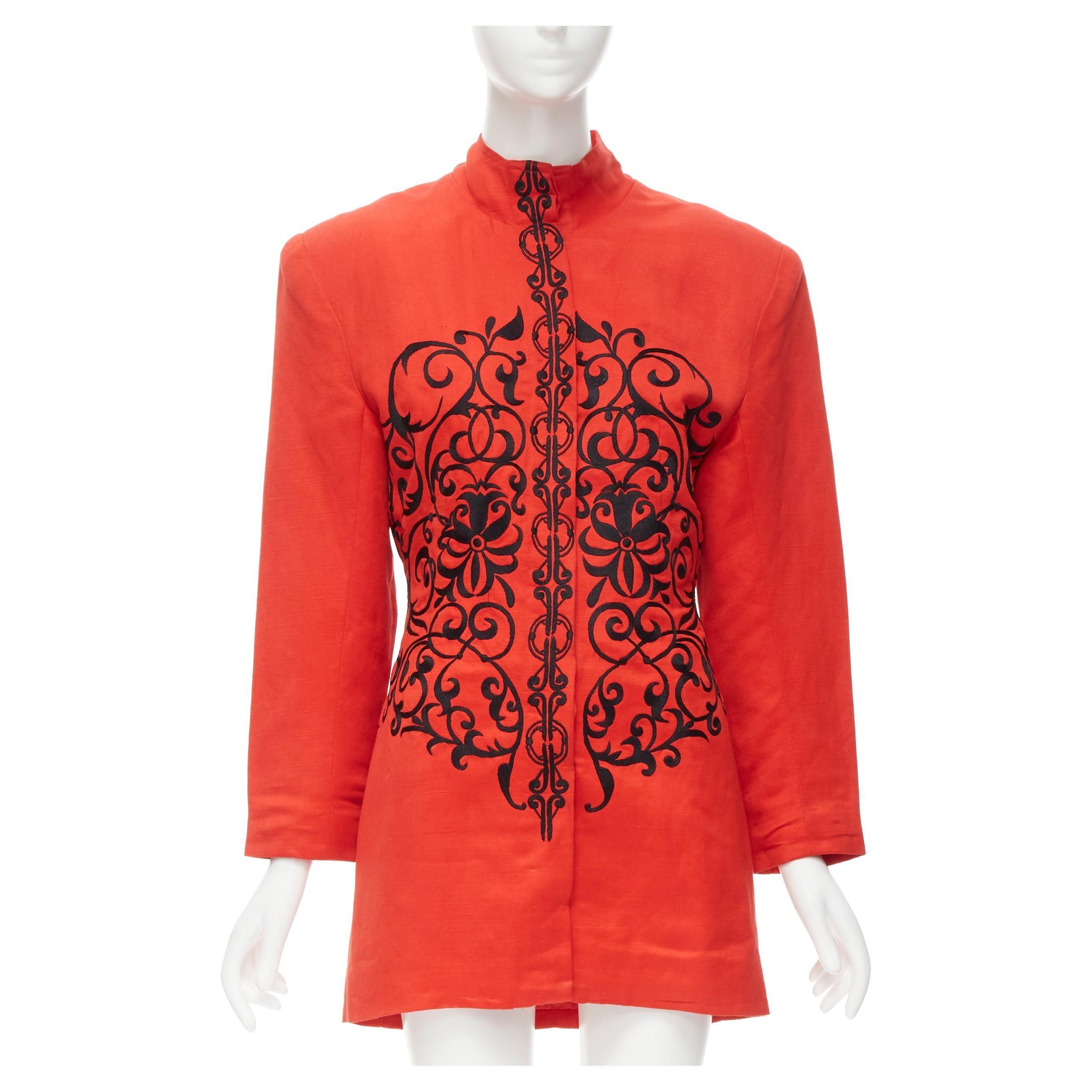 GIANFRANCO FERRE Vintage red black floral embroidery stand collar jacket M For Sale