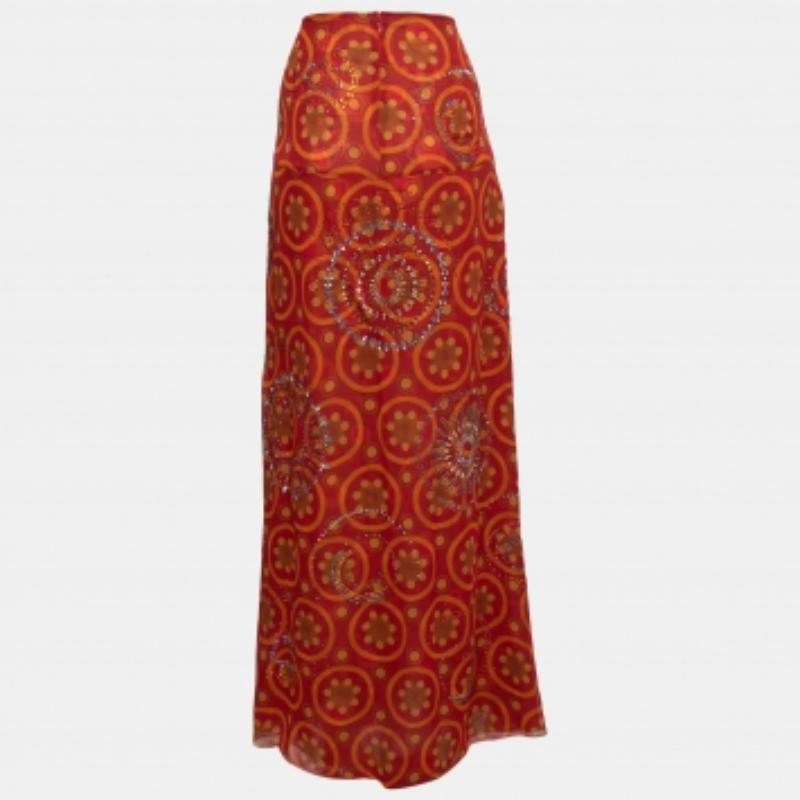 Gianfranco Ferre Vintage Red Printed Silk Embellished Maxi Skirt L Pour femmes en vente