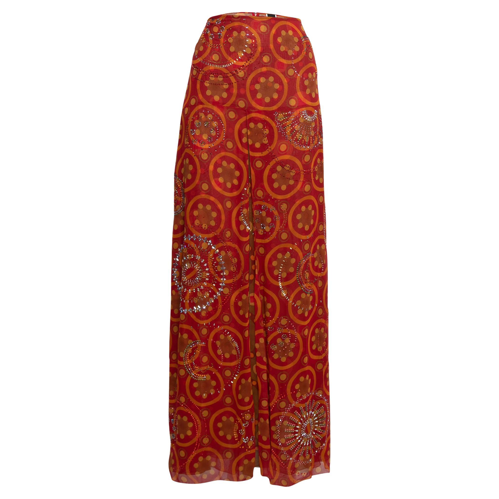Gianfranco Ferre Vintage Red Printed Silk Embellished Maxi Skirt L For Sale