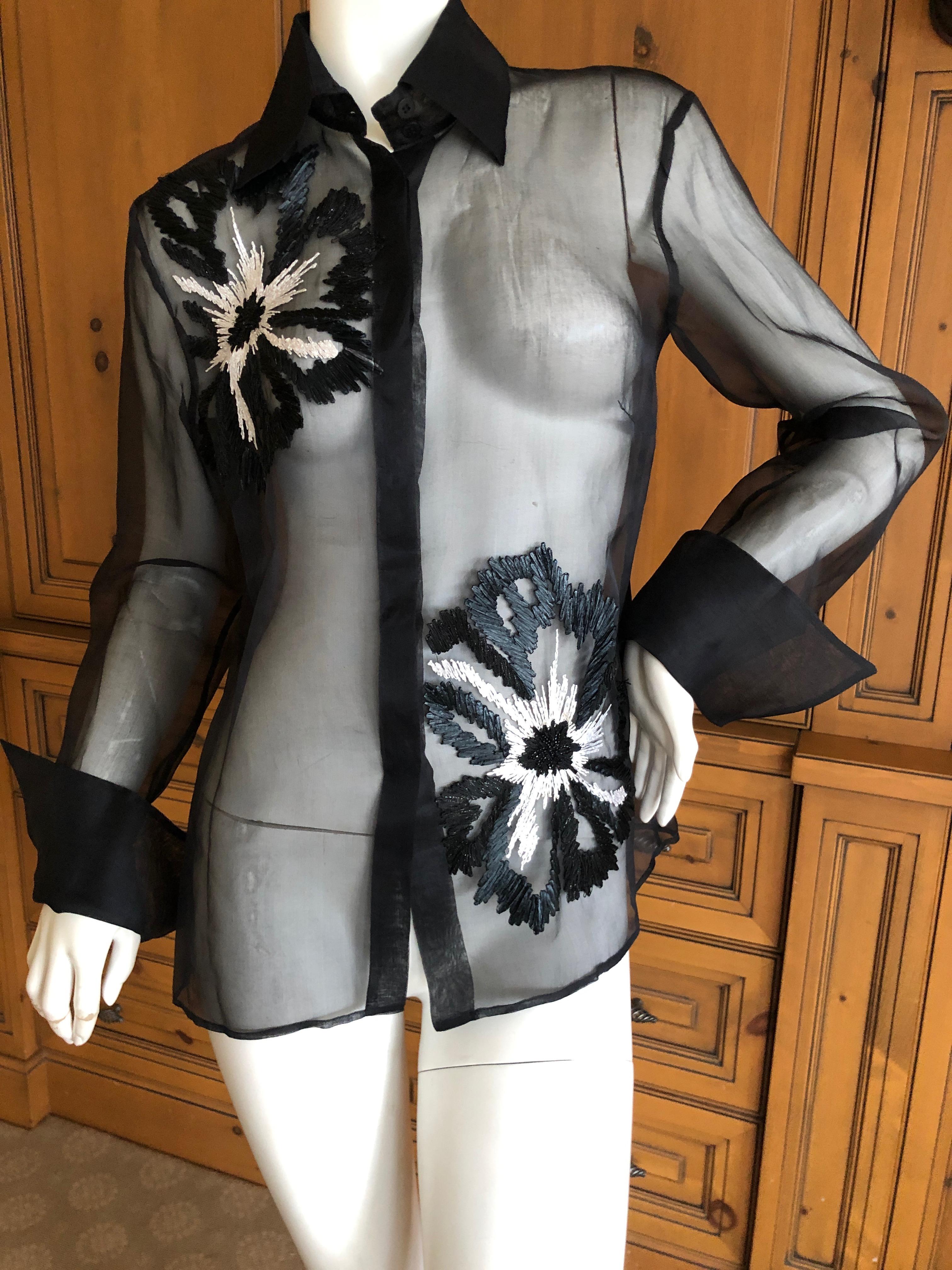 Gianfranco Ferre Vintage Sheer Black Silk Blouse w Bead Embroidered Flowers For Sale 6