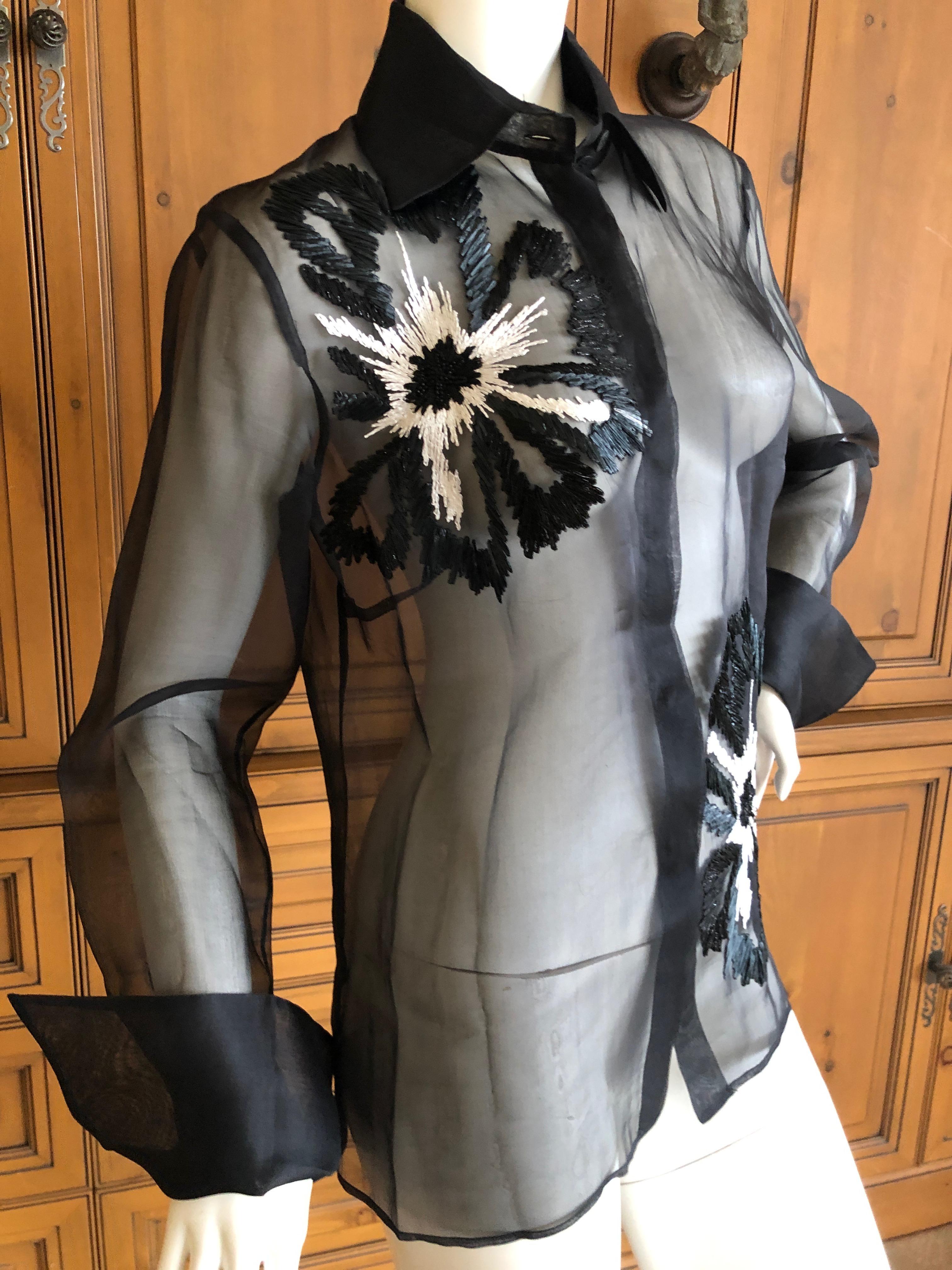 Gianfranco Ferre Vintage Sheer Black Silk Blouse w Bead Embroidered Flowers
Size 42
Bust 40