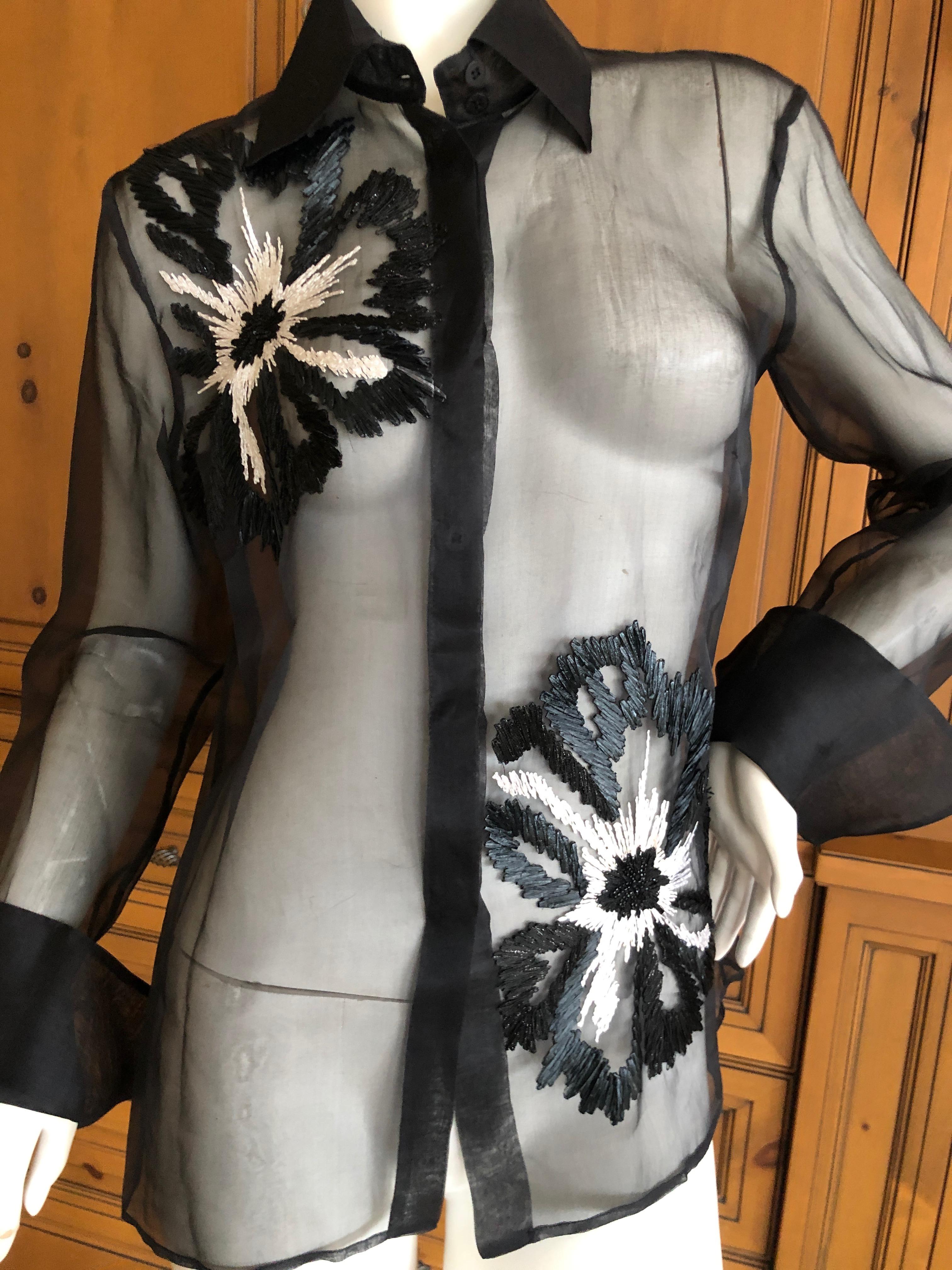Gianfranco Ferre Vintage Sheer Black Silk Blouse w Bead Embroidered Flowers In Excellent Condition For Sale In Cloverdale, CA
