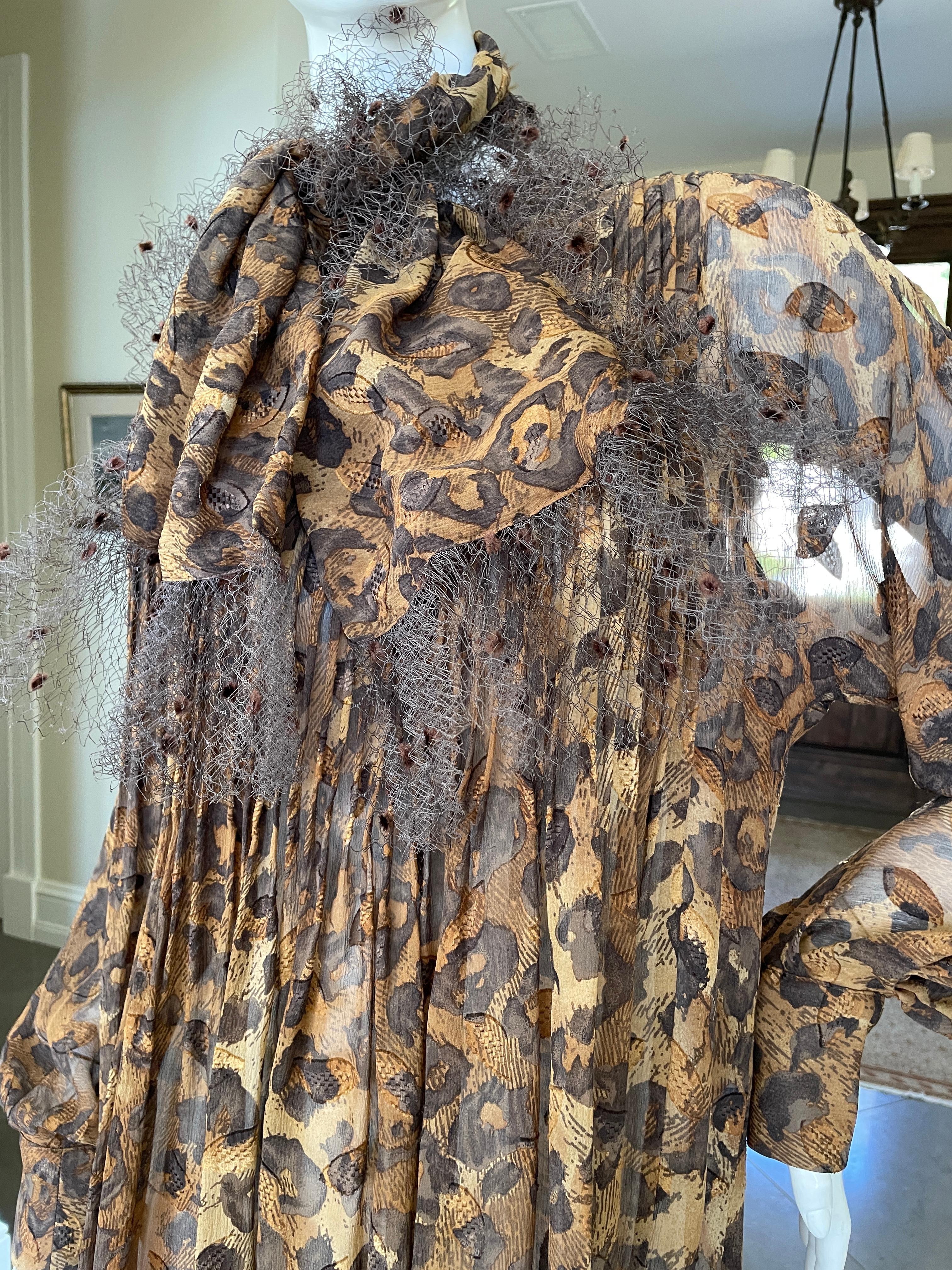  Gianfranco Ferre Vintage Sheer Pleated Leopard Print Silk Blouse and Scarf For Sale 5