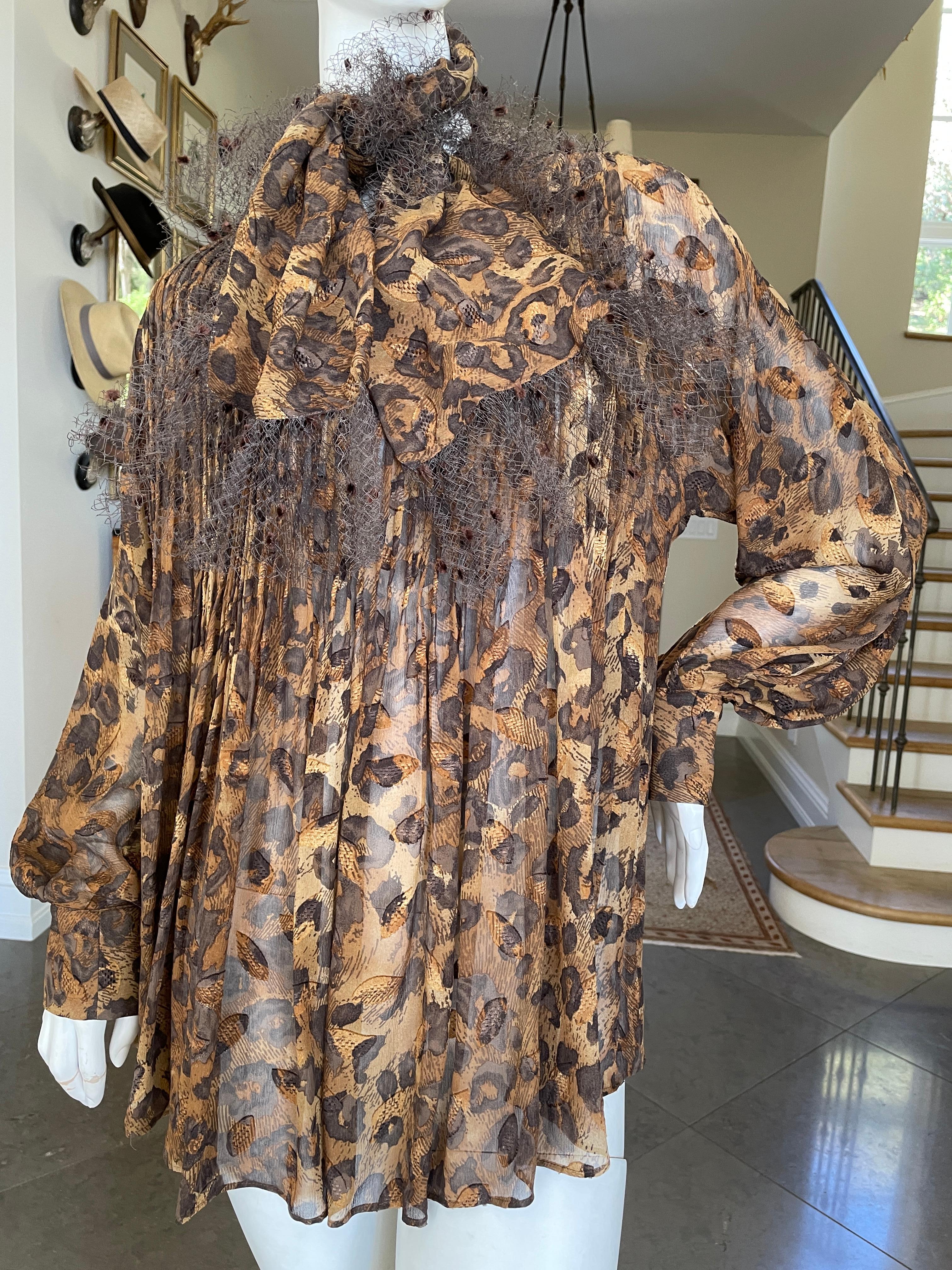  Gianfranco Ferre Vintage Sheer Pleated Leopard Print Silk Blouse and Scarf For Sale 6